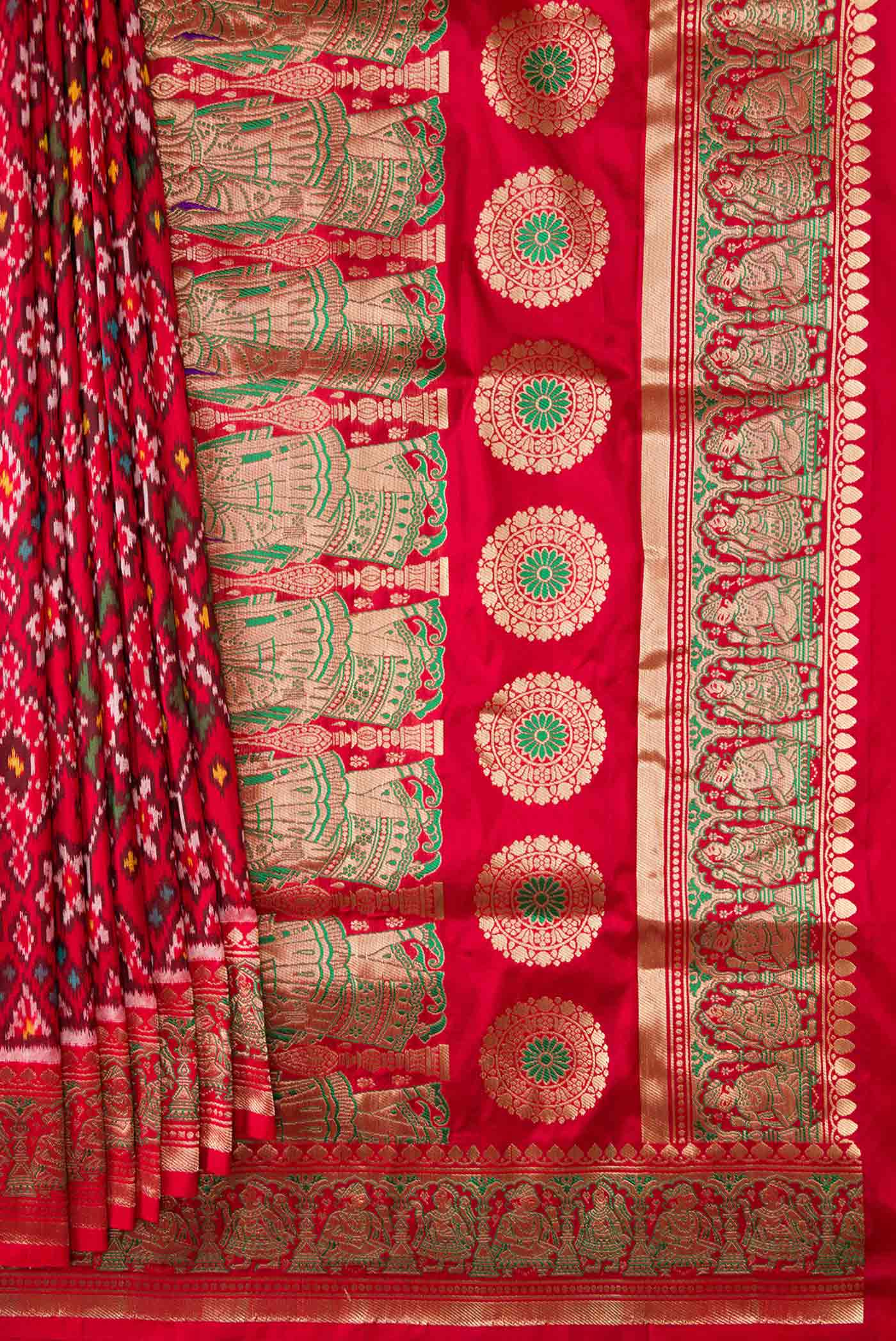 Pleats and pallu of Pure Silk Pure Zari Red Dual Tone Double Ikat Saree with Ikat Print on the body and Fancy Border