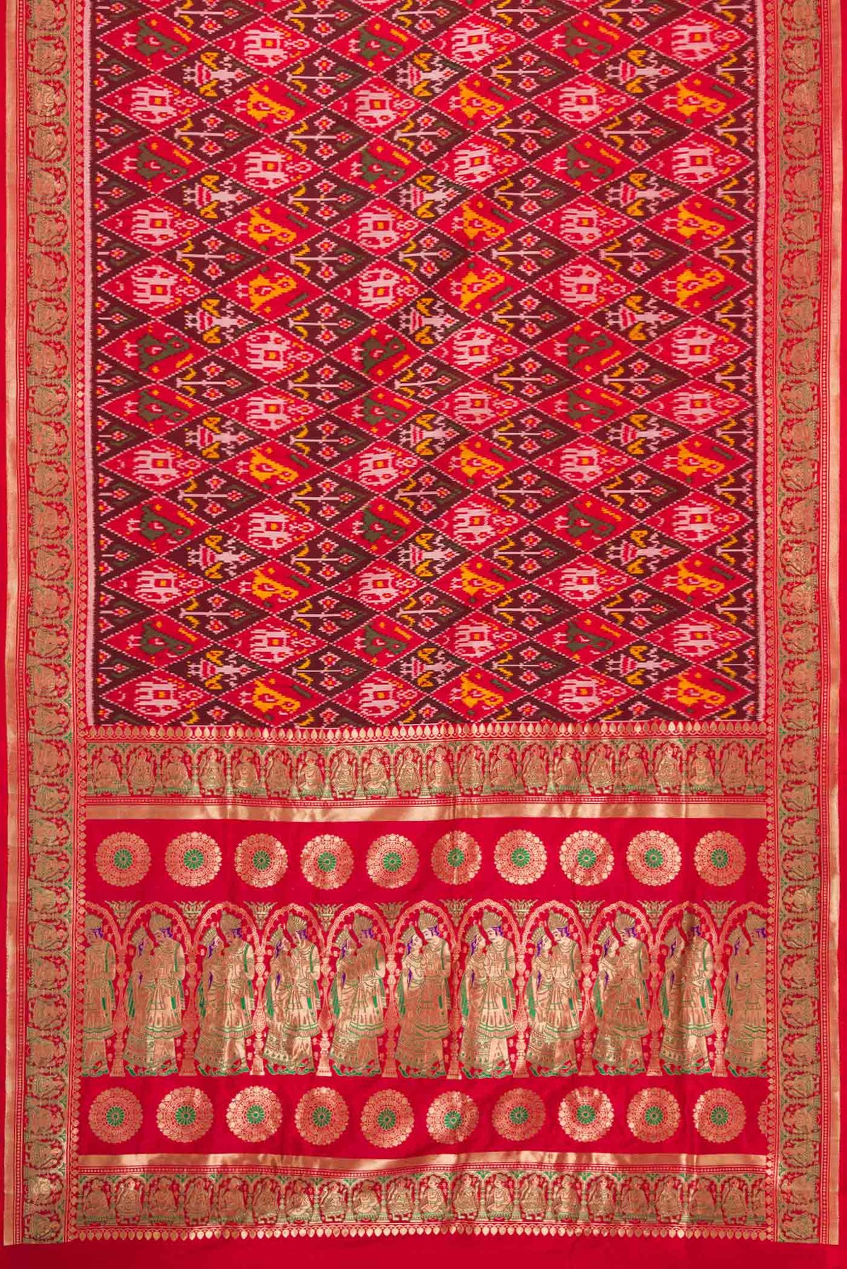 Flat view of Pure Silk Pure Zari Red Dual Tone Double Ikat Saree with Ikat Print on the body and Fancy Border