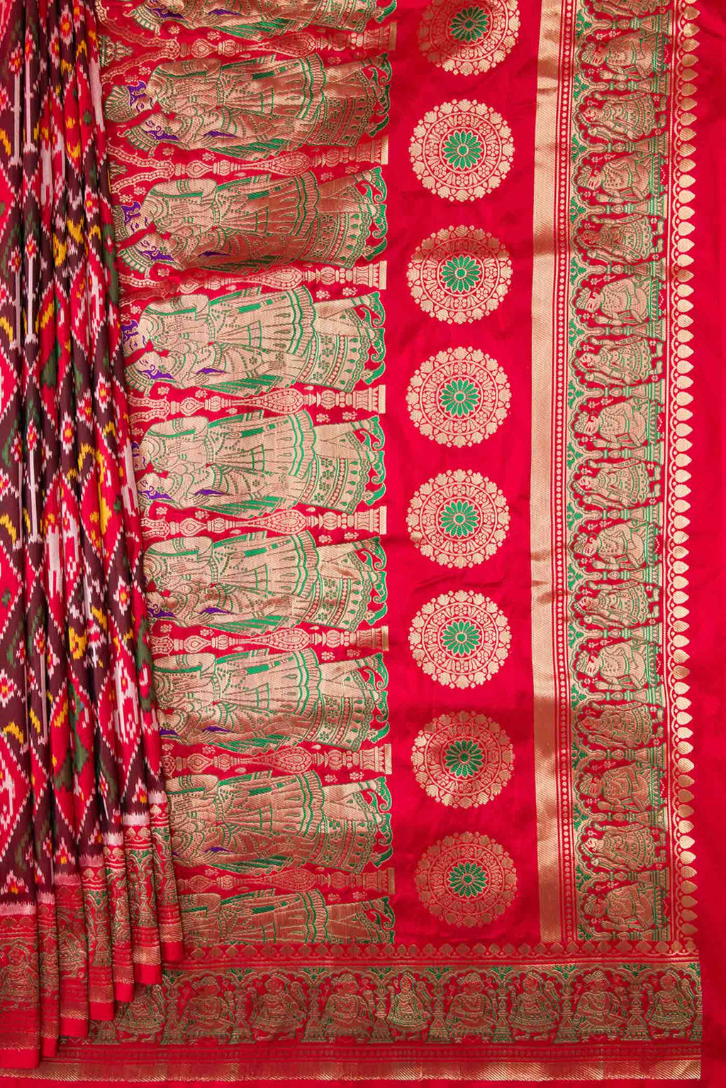 Pleats and pallu of Pure Silk Pure Zari Red Dual Tone Double Ikat Saree with Ikat Print on the body and Fancy Border