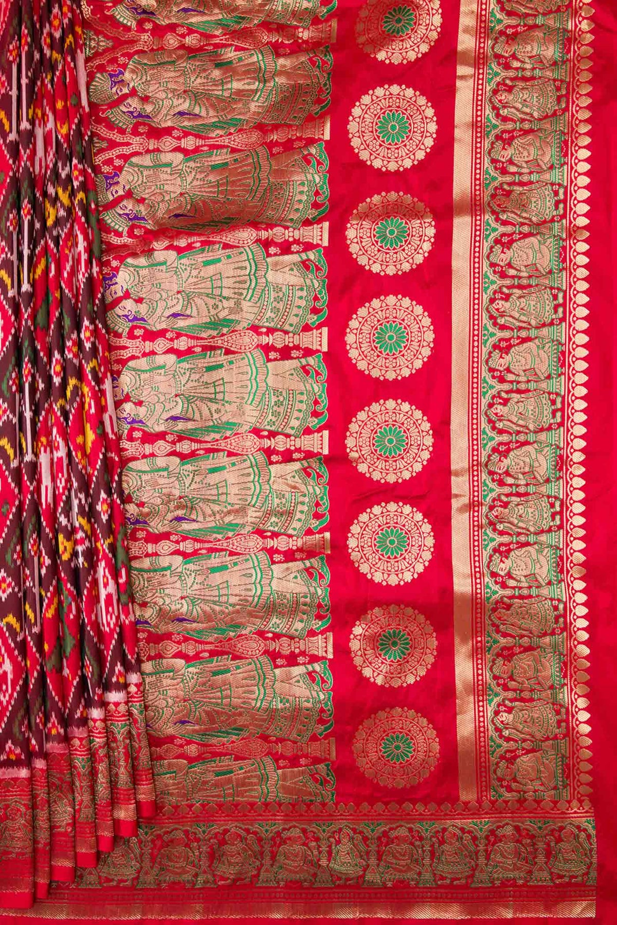 Pleats and pallu of Pure Silk Pure Zari Red Dual Tone Double Ikat Saree with Ikat Print on the body and Fancy Border