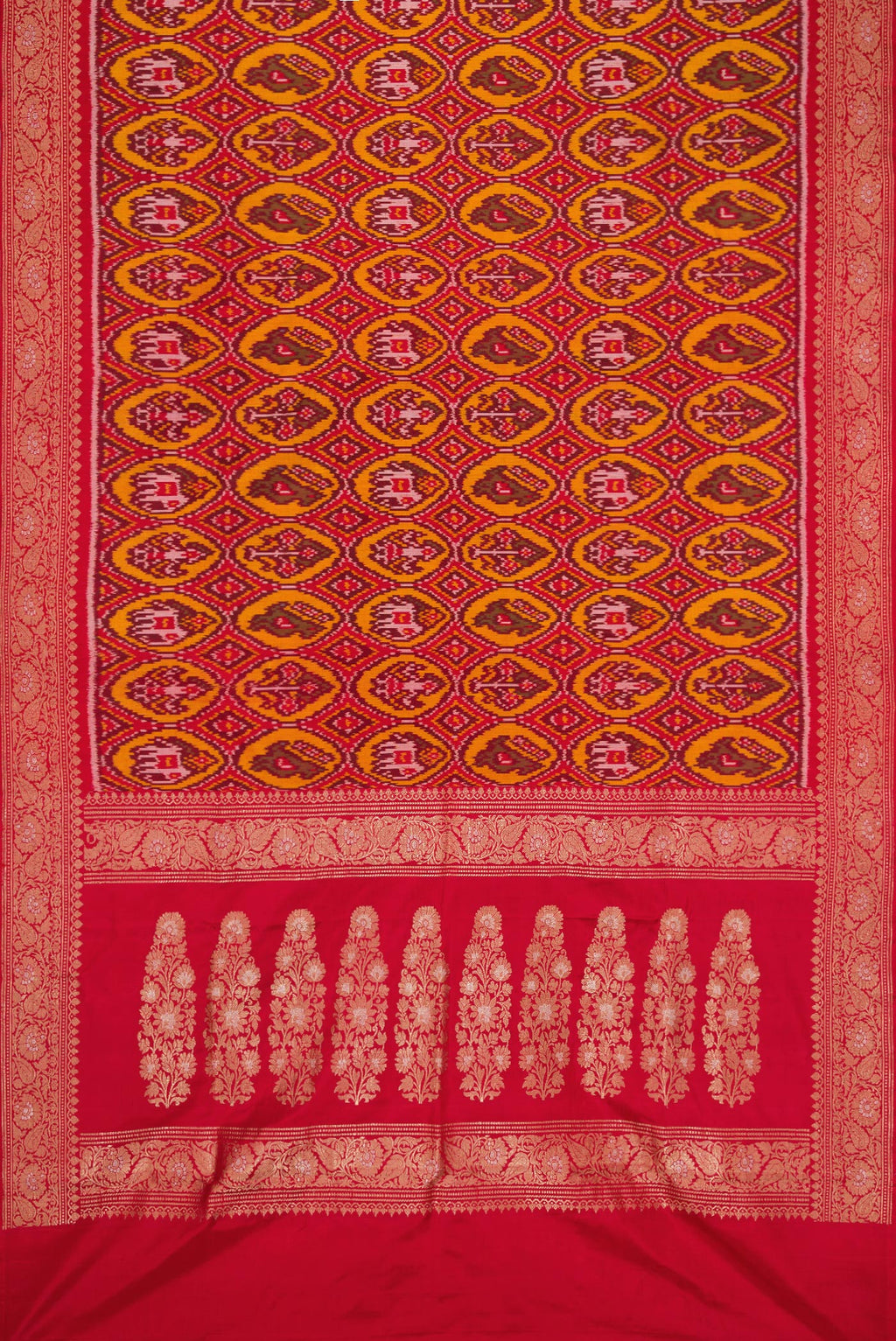 Flat view of Red Dual Tone Double Ikat Saree with Ikat Print on the body and Zari Border. 
