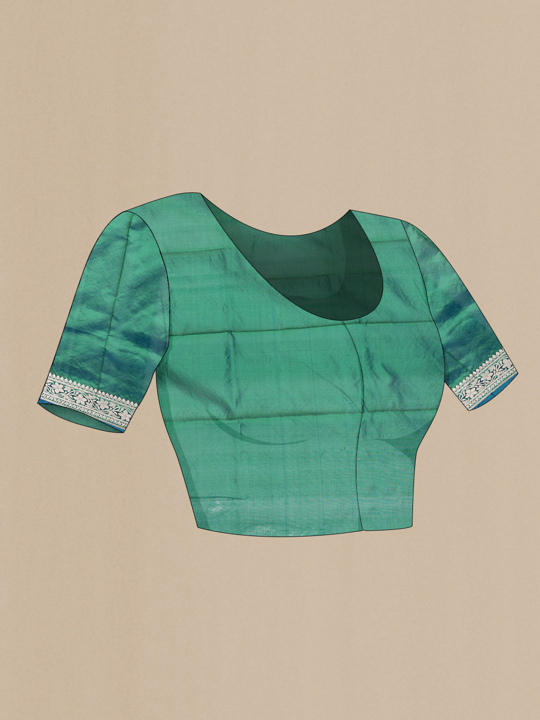 Close up image of the blouse of Green Dual Tone Banarasi Silk Saree with Zari Butta on the body and Zari Border. 