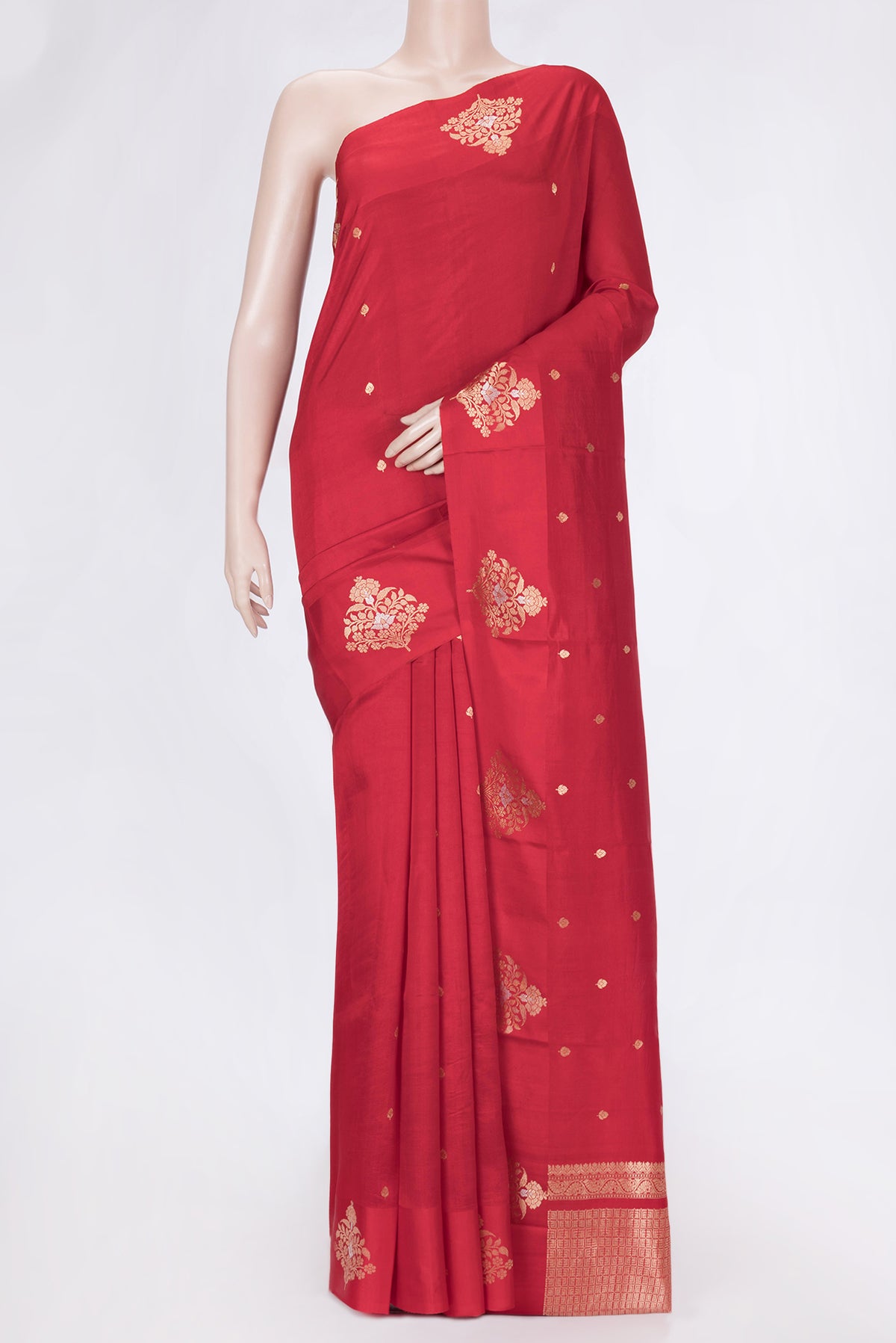 Red Dual Tone Banarasi Silk Saree with Zari Butta on the body and Fancy Border.  displayed on a mannequin