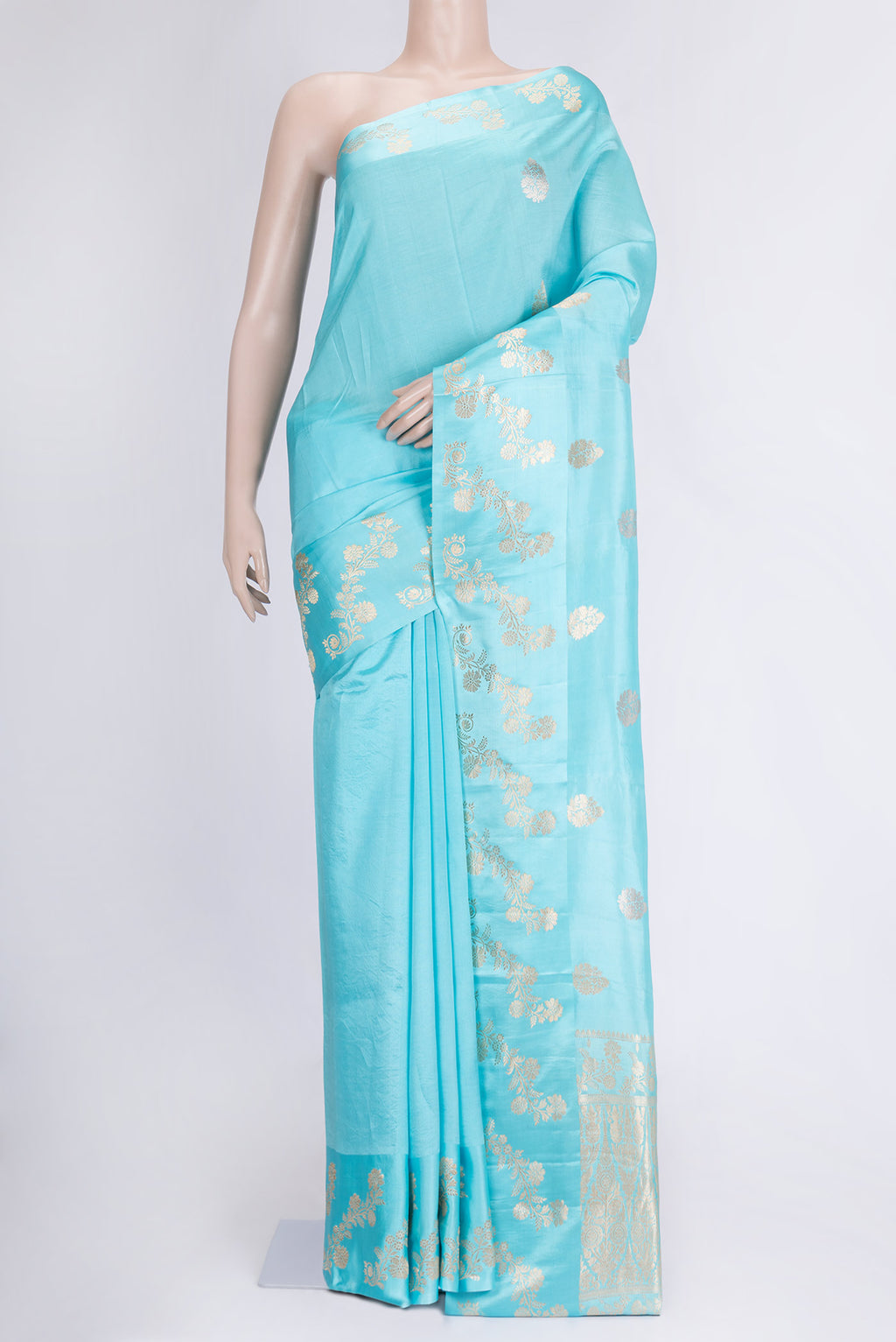 Sky Blue Dual Tone Banarasi Silk Saree with Zari Butta on the body and Fancy Border.  displayed on a mannequin