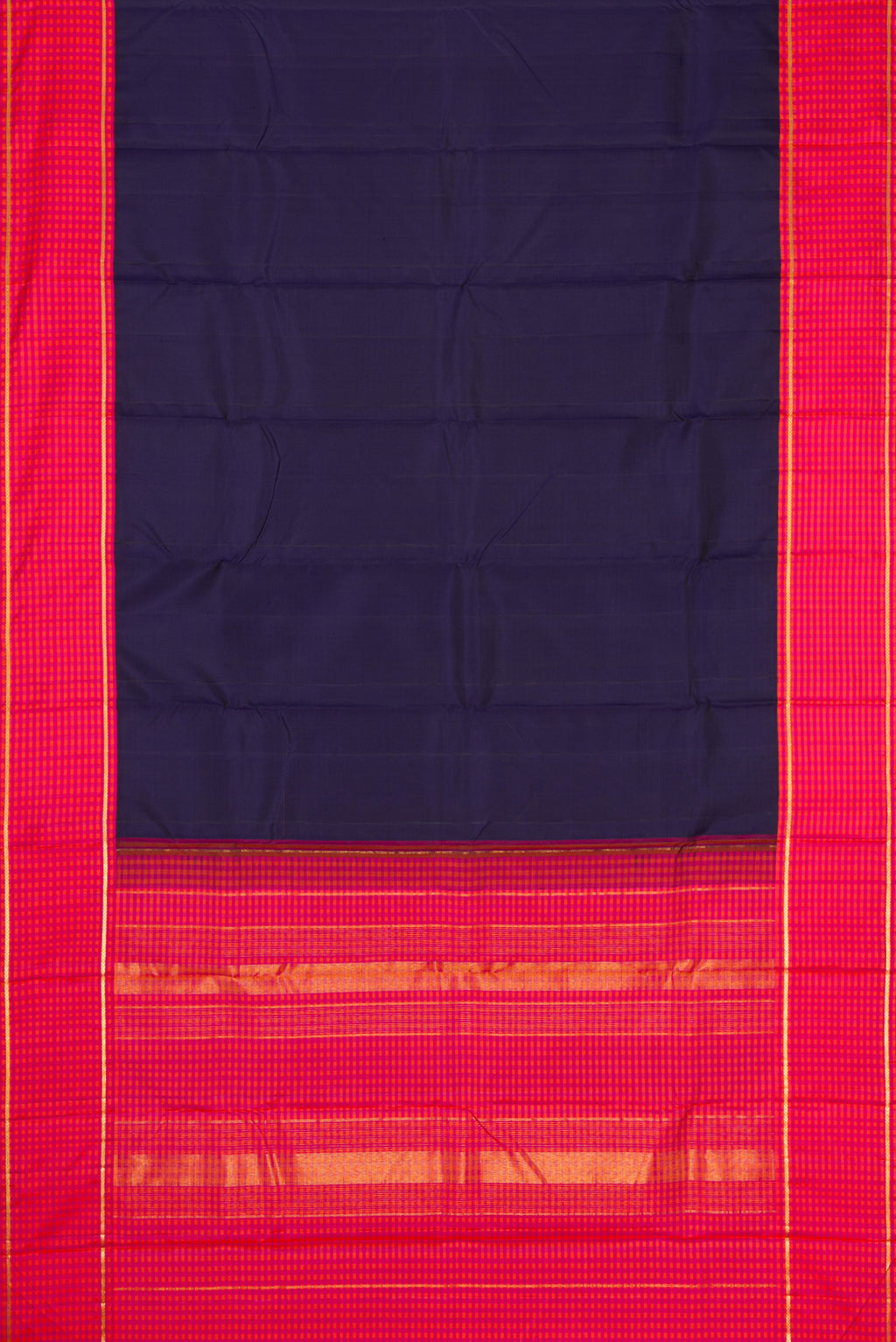 Flat view of Pure Silk Pure Zari Navy Blue Dual Tone Kanjivaram Saree with Plain Body and Checks Border. 