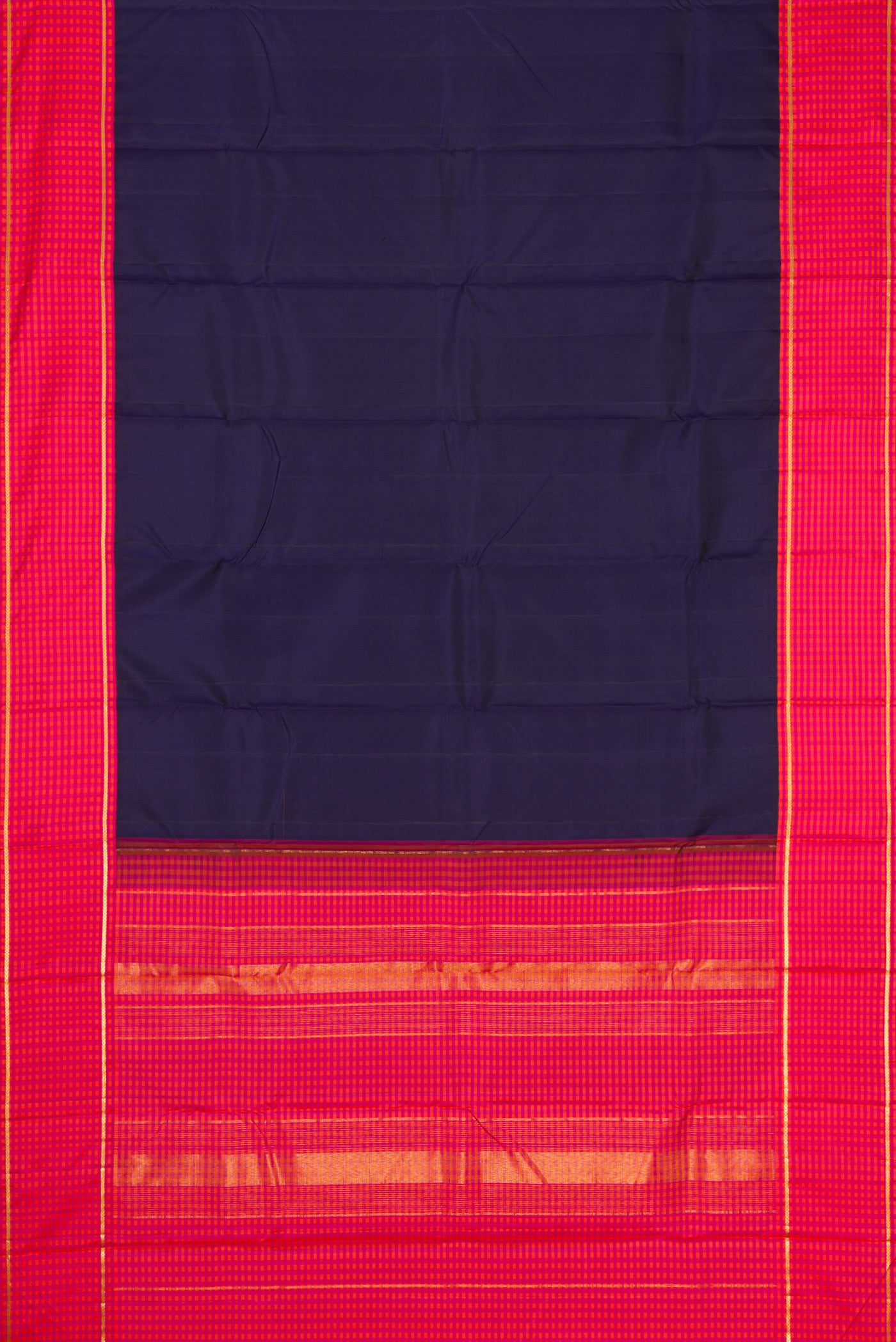 Flat view of Pure Silk Pure Zari Navy Blue Dual Tone Kanjivaram Saree with Plain Body and Checks Border. 