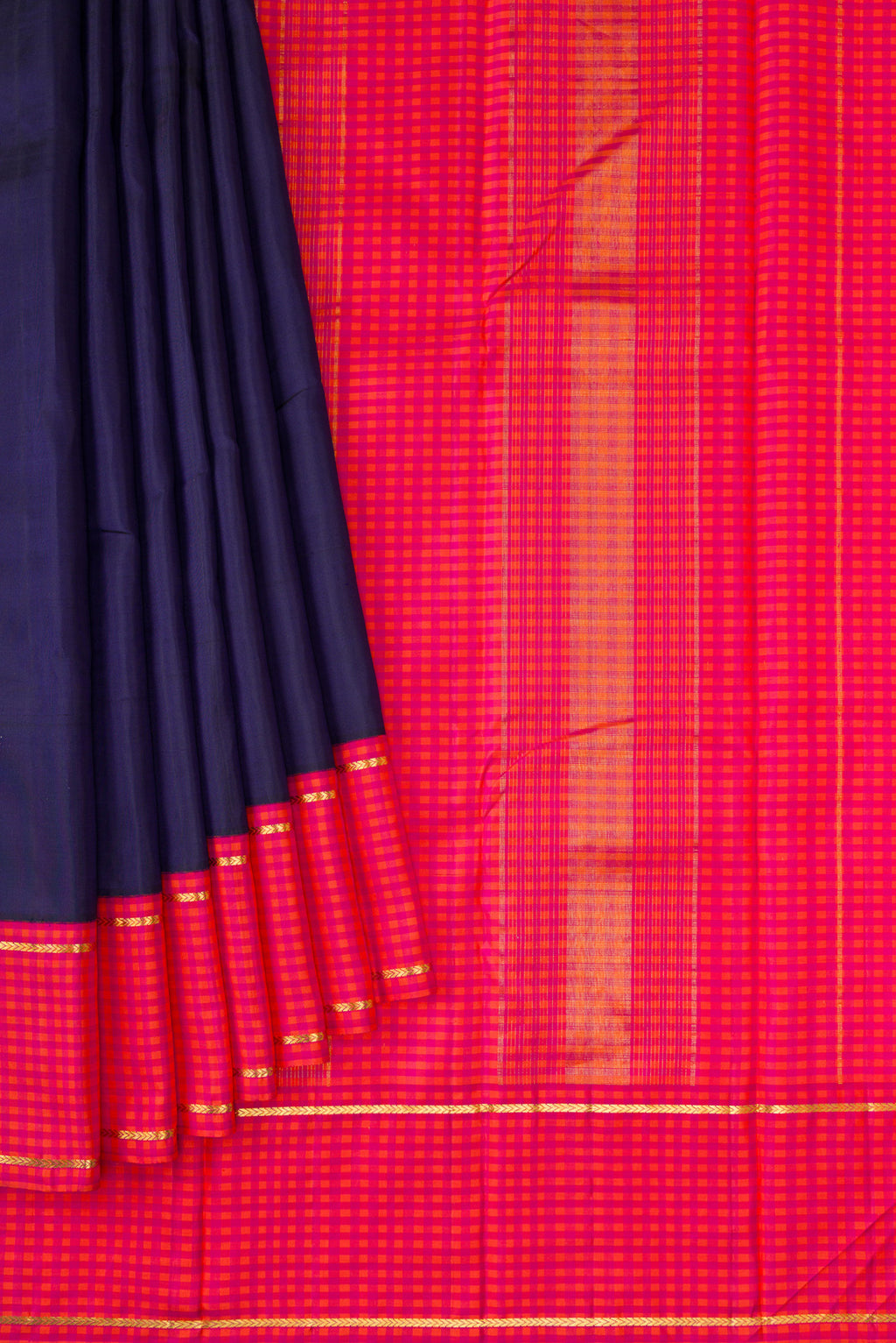 Pleats and pallu of Pure Silk Pure Zari Navy Blue Dual Tone Kanjivaram Saree with Plain Body and Checks Border. 