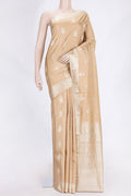 Beige Dual Tone Kanjivaram Saree with Thread Butta on the body and Thread Border.  displayed on a mannequin