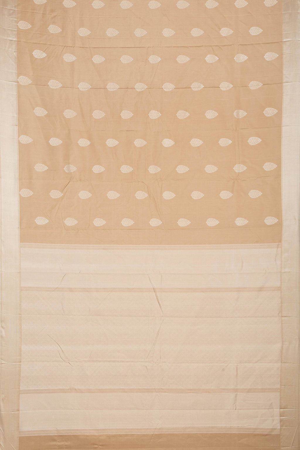 Flat view of Beige Dual Tone Kanjivaram Saree with Thread Butta on the body and Thread Border. 