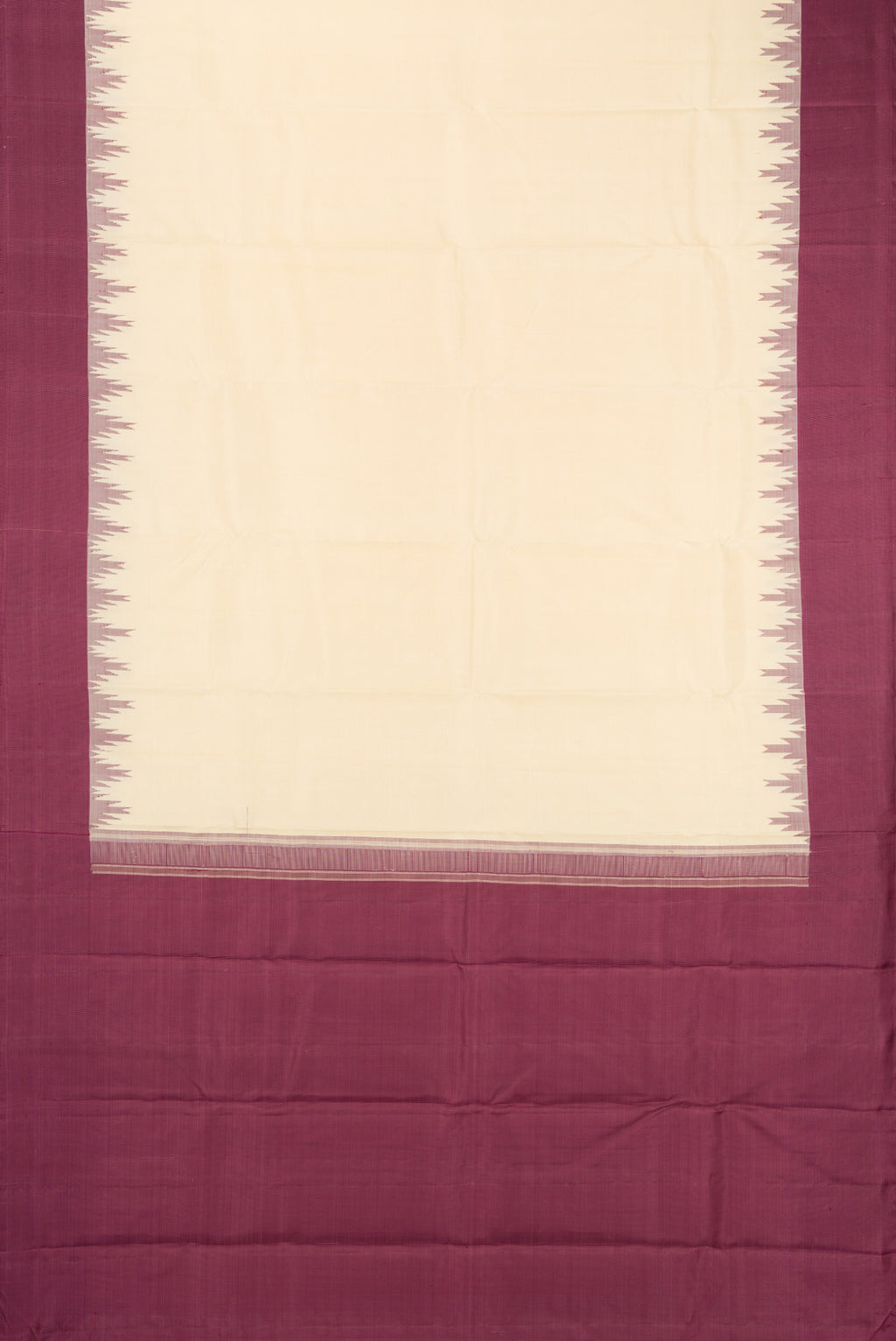 Flat view of Sandal Kanjivaram Silk Saree with Plain Body and Temple Border. 