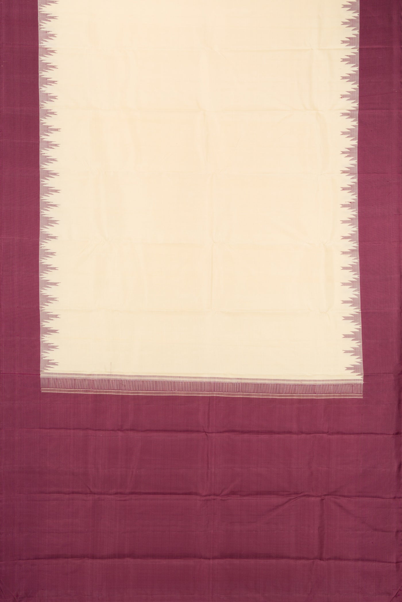 Flat view of Sandal Kanjivaram Silk Saree with Plain Body and Temple Border. 