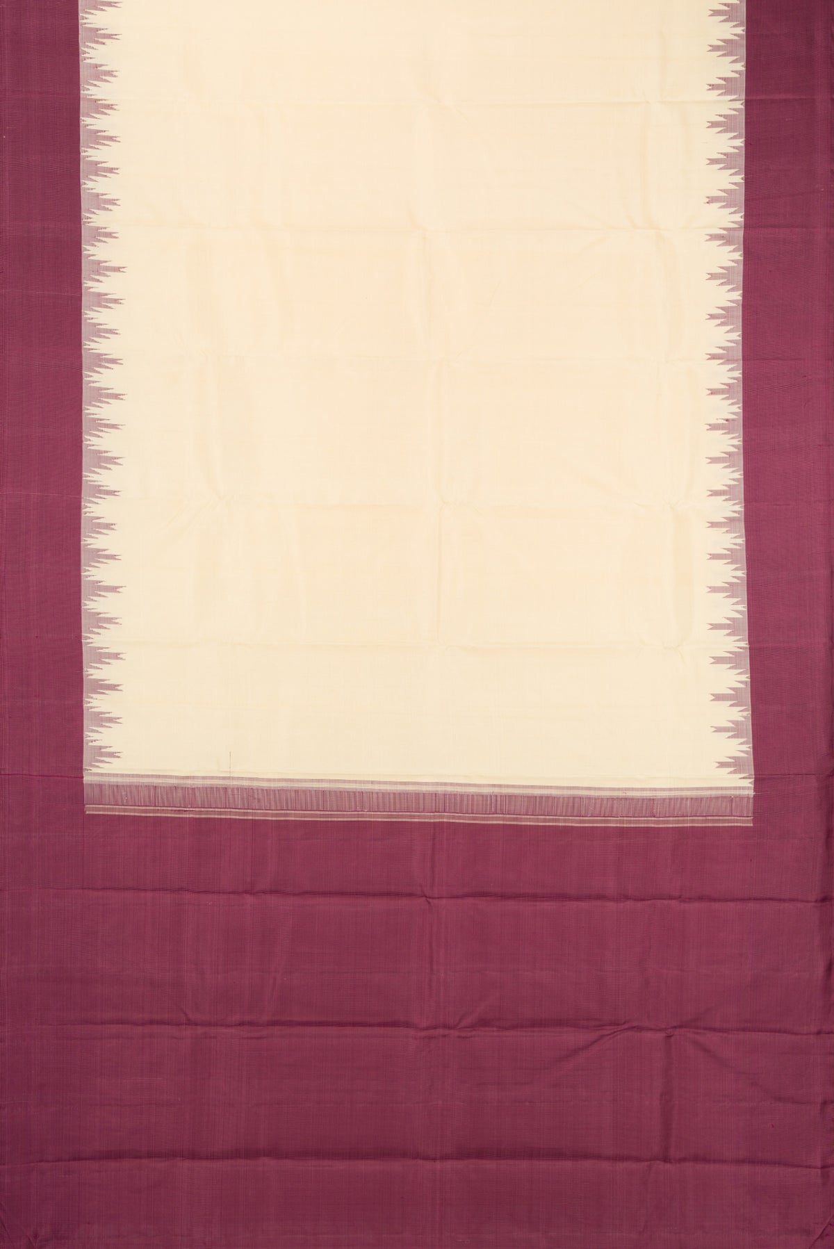 Flat view of Sandal Kanjivaram Silk Saree with Plain Body and Temple Border. 