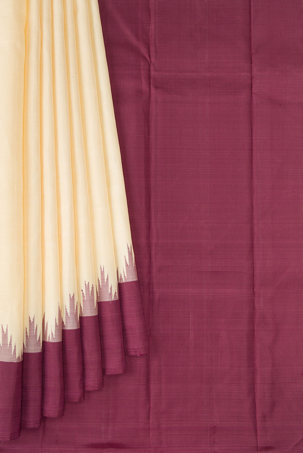 Pleats and pallu of Sandal Kanjivaram Silk Saree with Plain Body and Temple Border. 