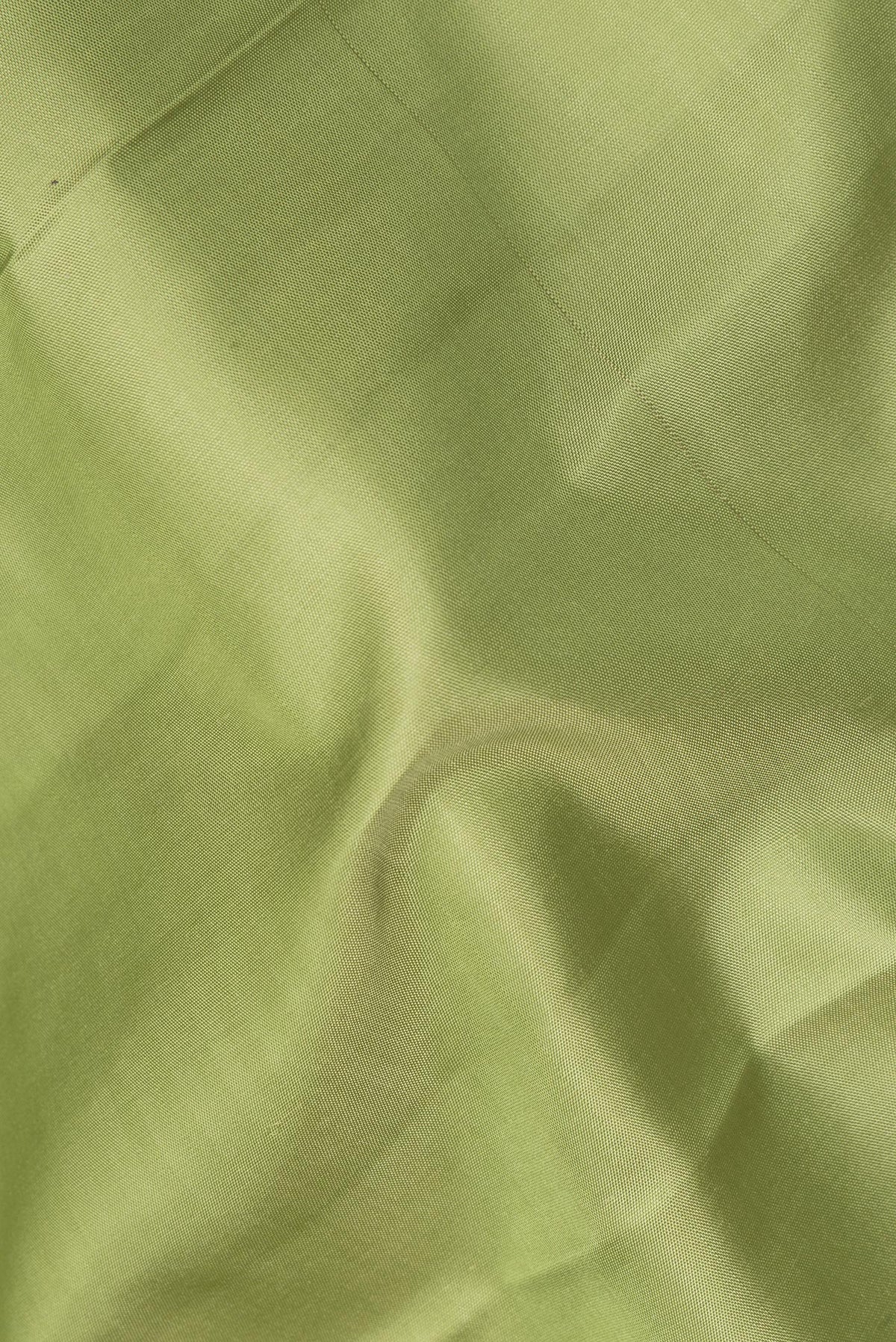 Close up of Pure Silk Pista Green Dual Tone Kanjivaram Saree with Plain Body and Checks Border.  displaying folds