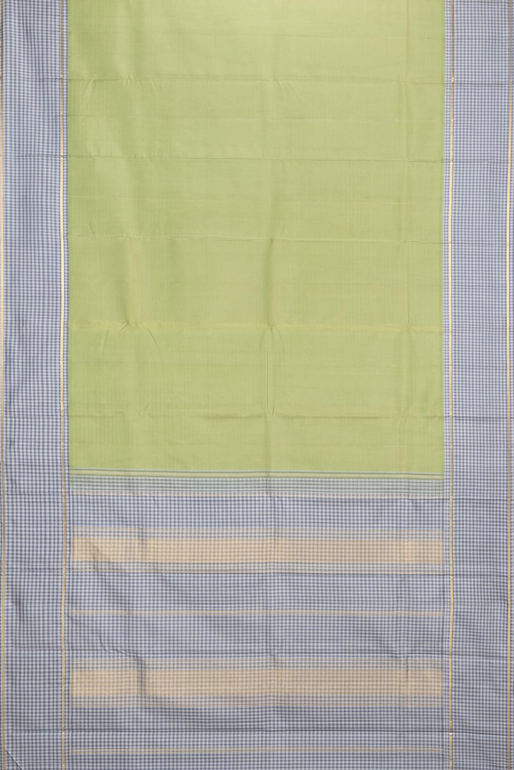 Flat view of Pure Silk Pista Green Dual Tone Kanjivaram Saree with Plain Body and Checks Border. 