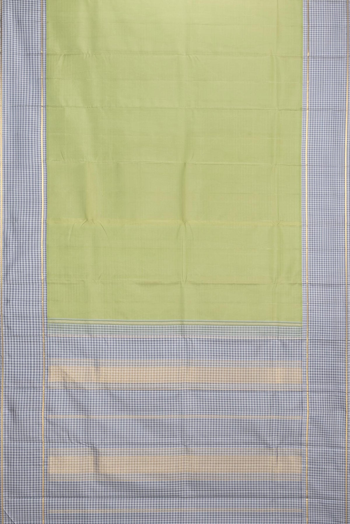 Flat view of Pure Silk Pista Green Dual Tone Kanjivaram Saree with Plain Body and Checks Border. 