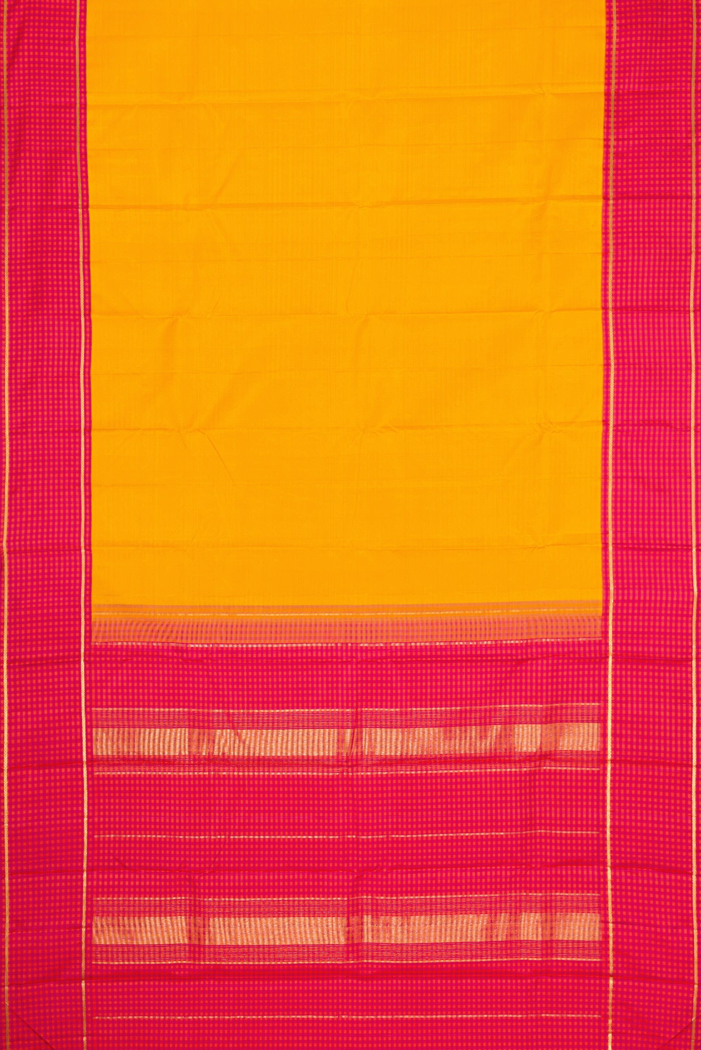 Flat view of Pure Silk Pure Zari Yellow Dual Tone Kanjivaram Saree with Plain Body and Checks Border. 