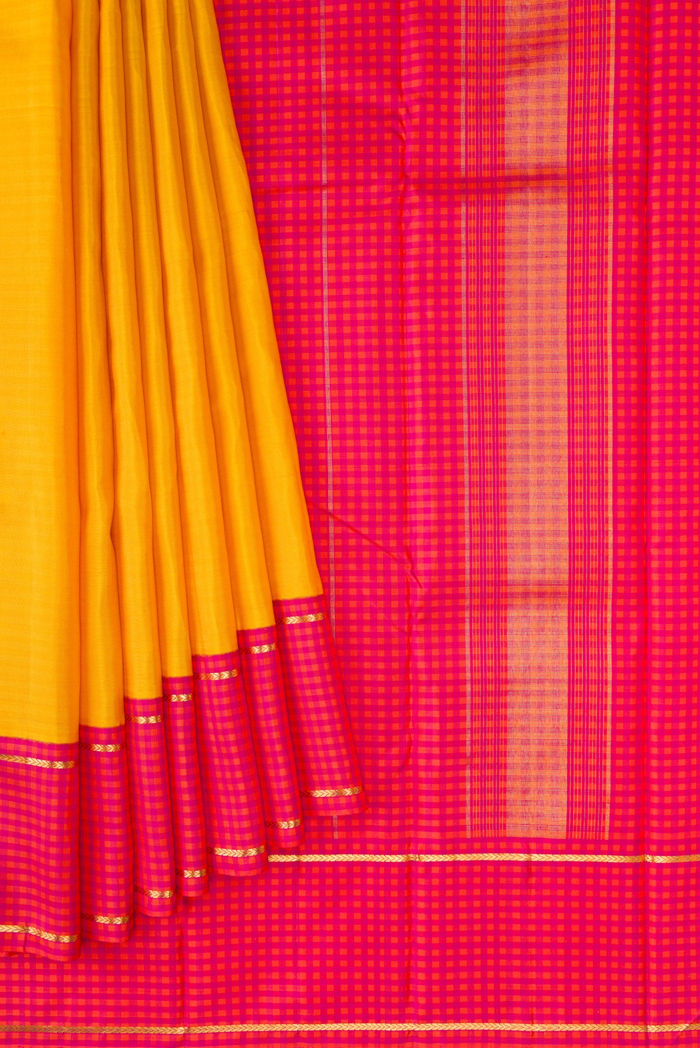 Pleats and pallu of Pure Silk Pure Zari Yellow Dual Tone Kanjivaram Saree with Plain Body and Checks Border. 
