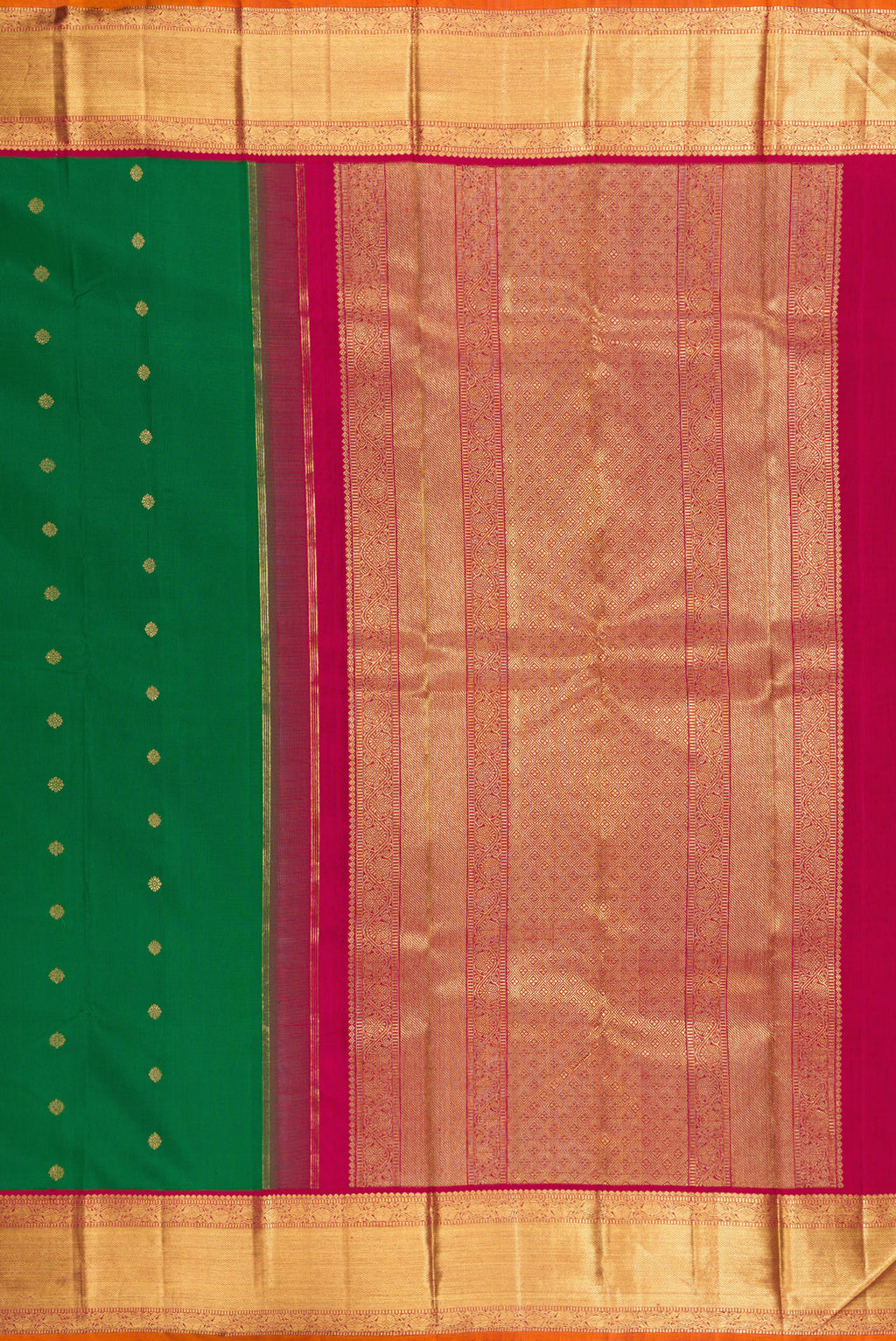 Close up image of the pallu of Pure Silk Pure Zari Green Kanjivaram Saree with Zari Butta on the body and Zari Border. 