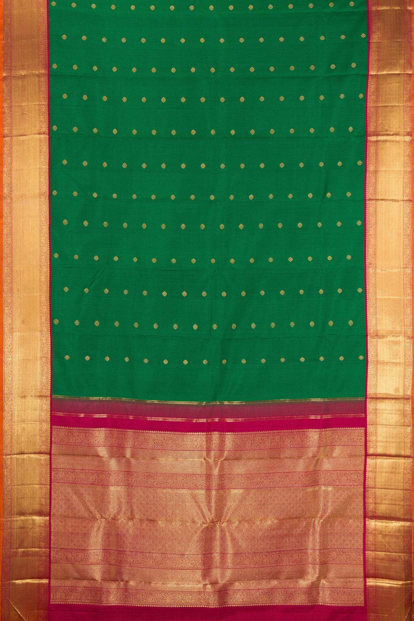 Flat view of Pure Silk Pure Zari Green Kanjivaram Saree with Zari Butta on the body and Zari Border. 
