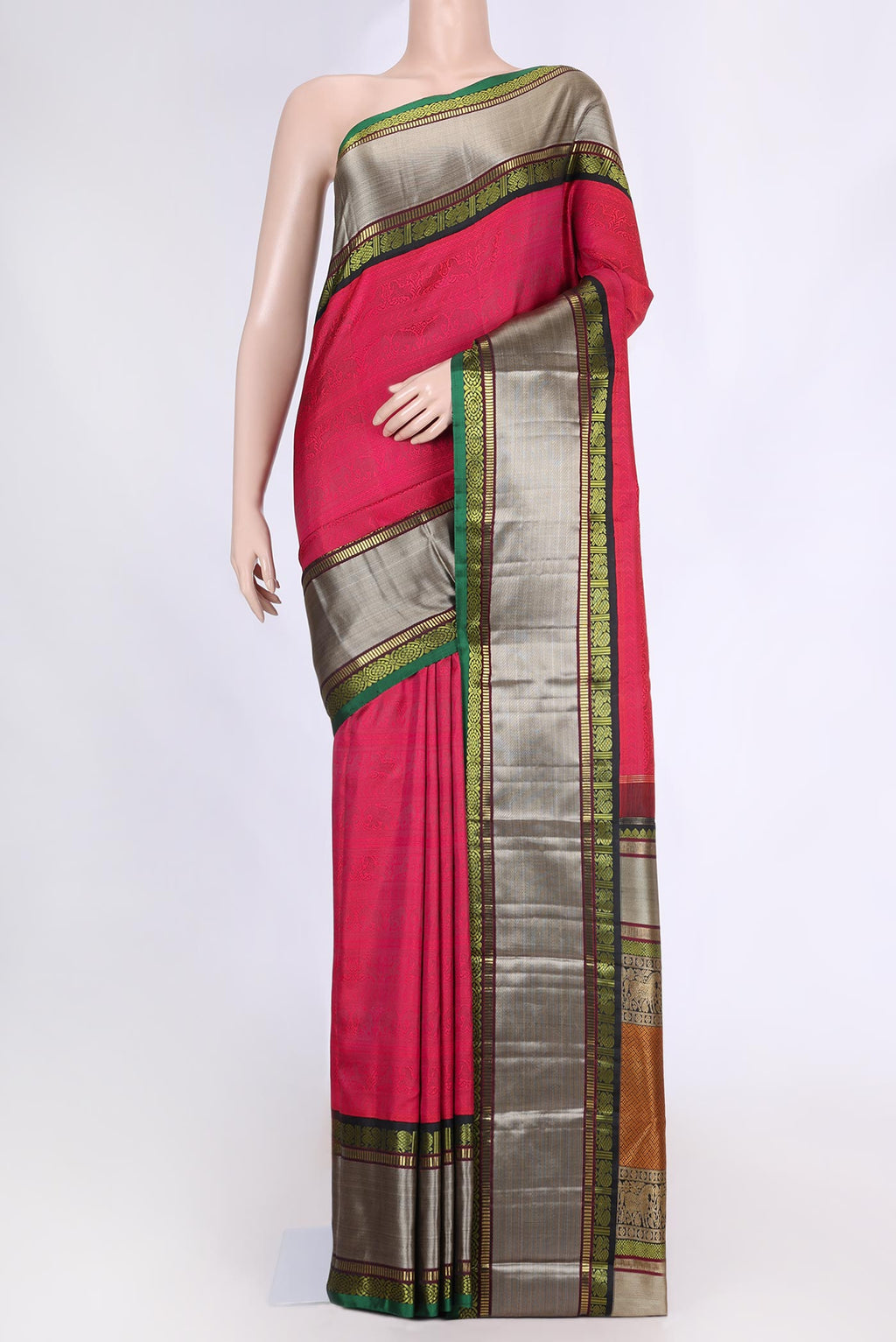 Pink Dual Tone Kanchipuram Silk Saree with Zari Brocade on the body and Zari Border displayed on a mannequin