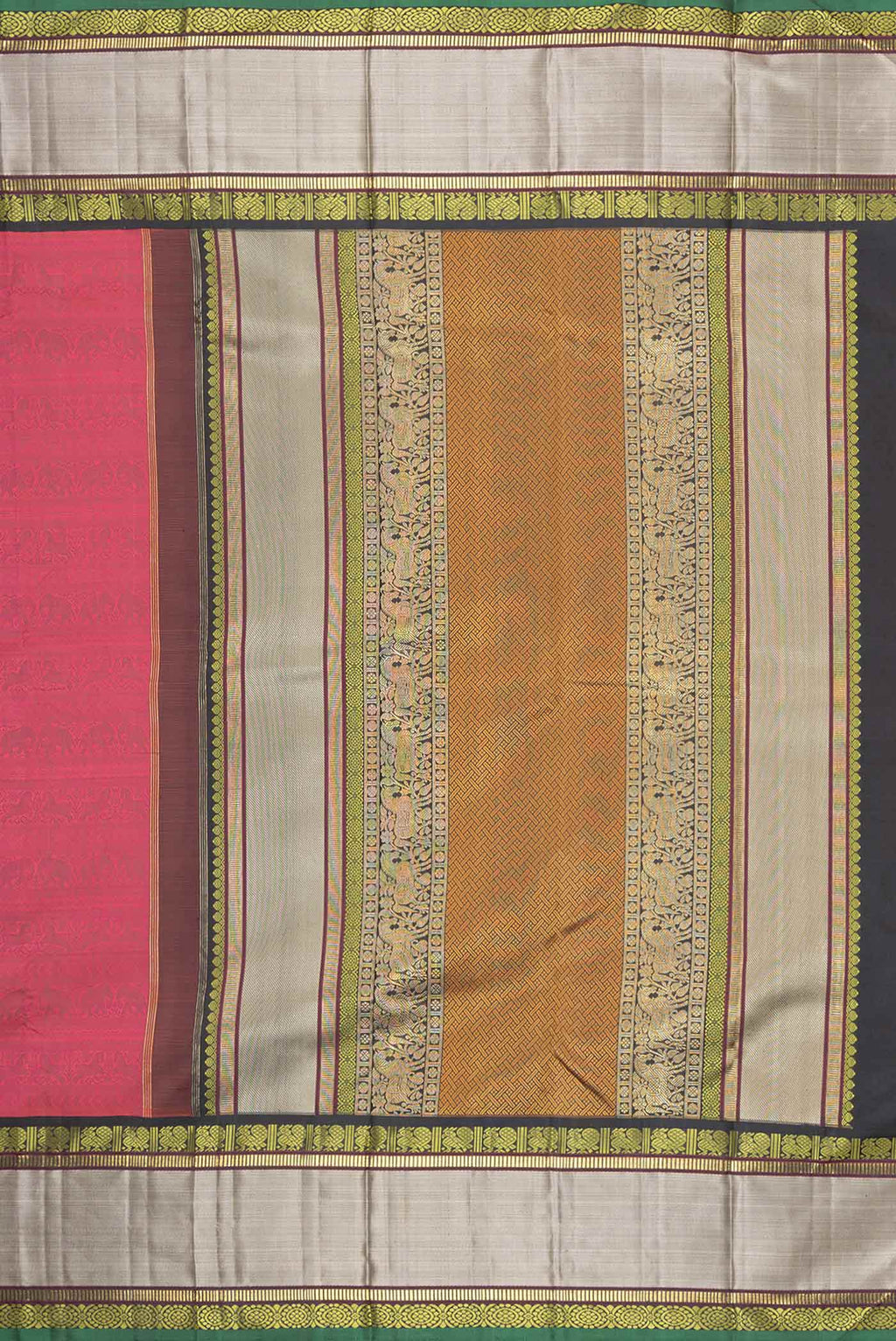 Close up image of the pallu of Pink Dual Tone Kanchipuram Silk Saree with Zari Brocade on the body and Zari Border