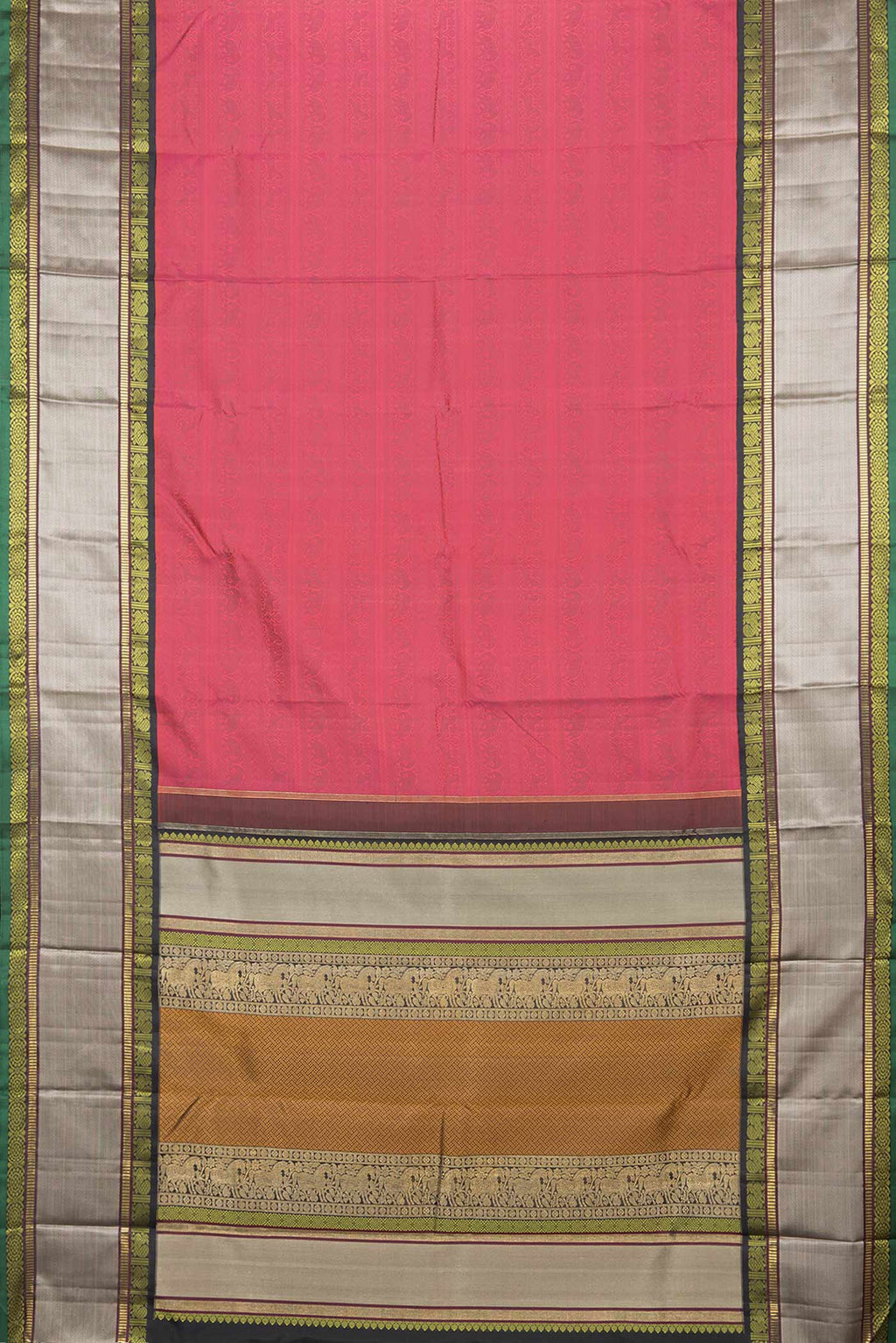 Flat view of Pink Dual Tone Kanchipuram Silk Saree with Zari Brocade on the body and Zari Border