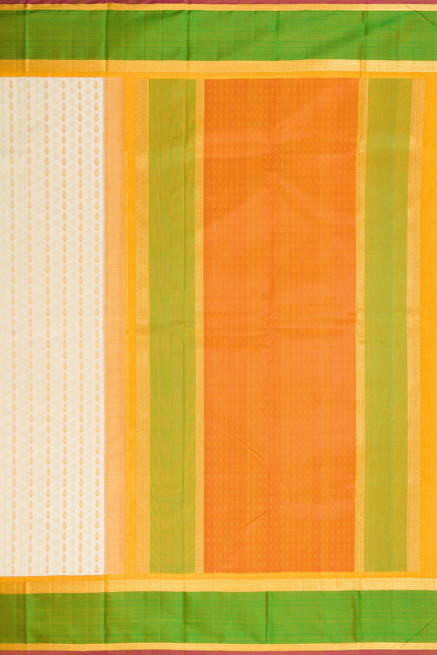 Close up image of the pallu of Pure Silk Pure Zari Off White Dual Tone Kanchipuram Saree with Zari Butta on the body and Zari And Thread Border. 