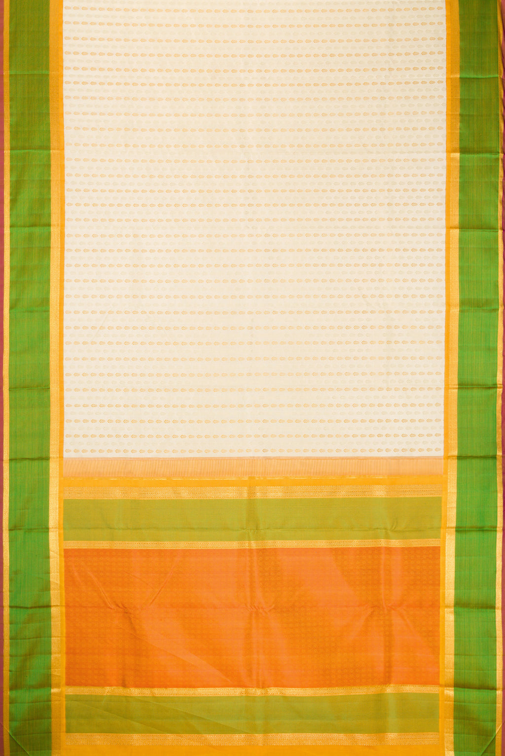 Flat view of Pure Silk Pure Zari Off White Dual Tone Kanchipuram Saree with Zari Butta on the body and Zari And Thread Border. 