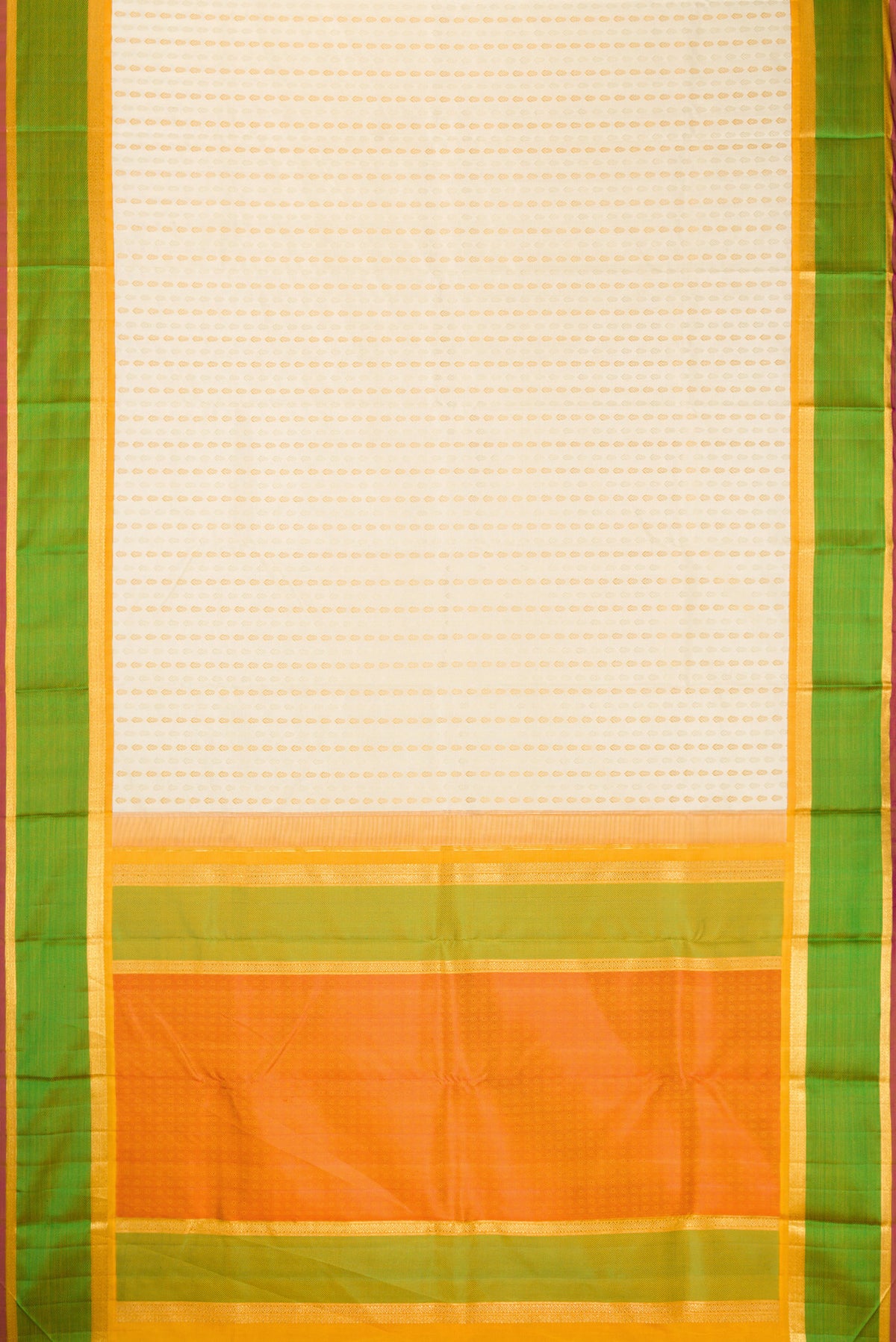 Flat view of Pure Silk Pure Zari Off White Dual Tone Kanchipuram Saree with Zari Butta on the body and Zari And Thread Border. 