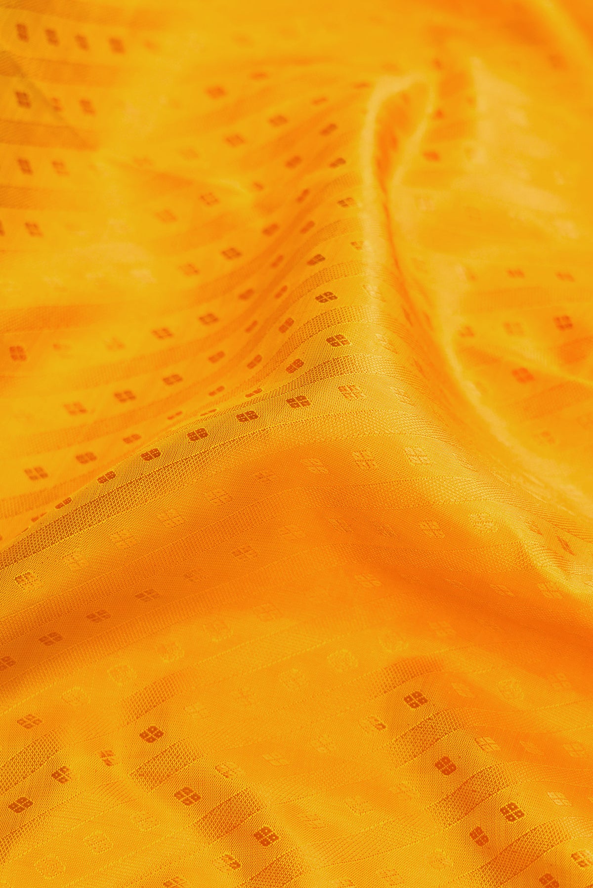 Close up of Pure Silk Pure Zari Mustard Dual Tone Kanchipuram Saree with Jacquard design on the body and Zari Border.  displaying folds