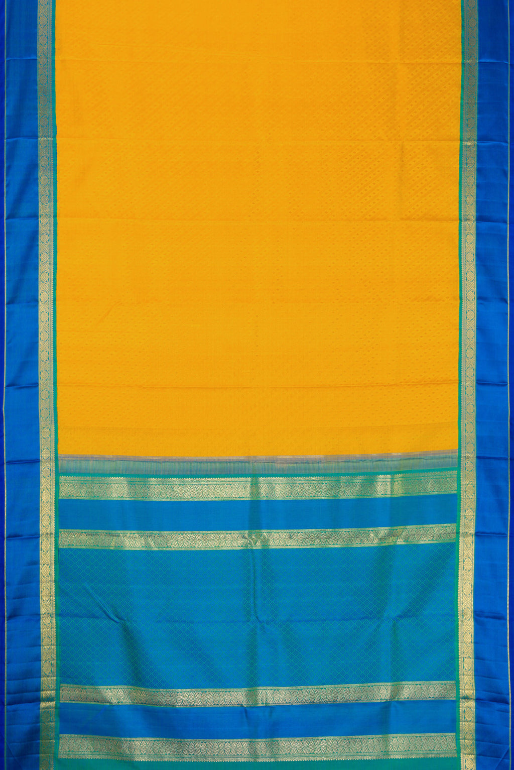 Flat view of Pure Silk Pure Zari Mustard Dual Tone Kanchipuram Saree with Jacquard design on the body and Zari Border. 