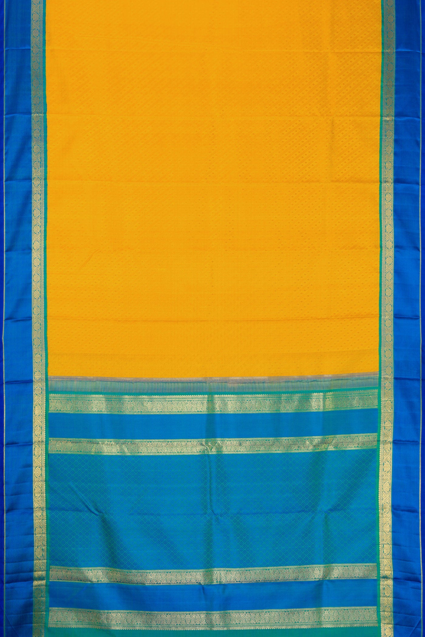 Flat view of Pure Silk Pure Zari Mustard Dual Tone Kanchipuram Saree with Jacquard design on the body and Zari Border. 