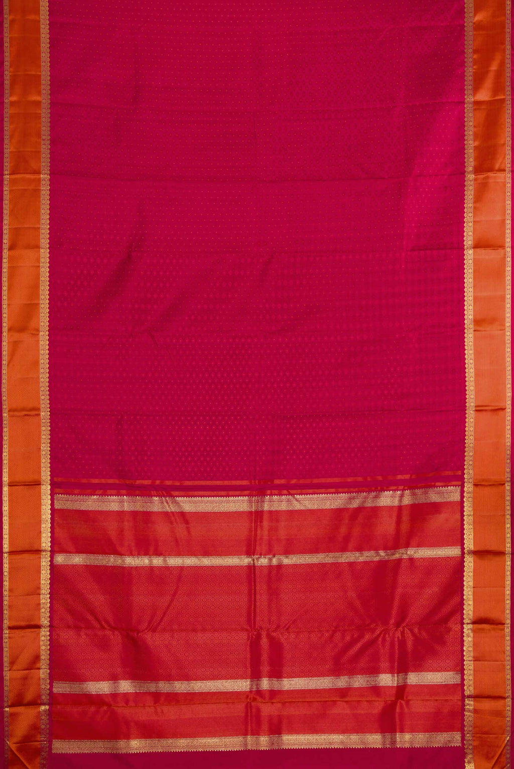 Flat view of Pure Silk Pure Zari Maroon Dual Tone Kanchipuram Saree with Jacquard design on the body and Zari Border. 