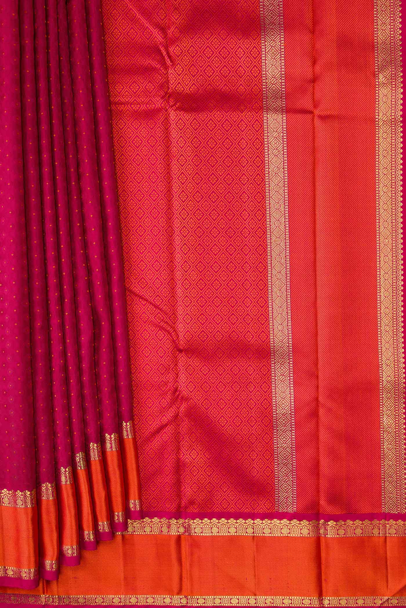 Pleats and pallu of Pure Silk Pure Zari Maroon Dual Tone Kanchipuram Saree with Jacquard design on the body and Zari Border. 