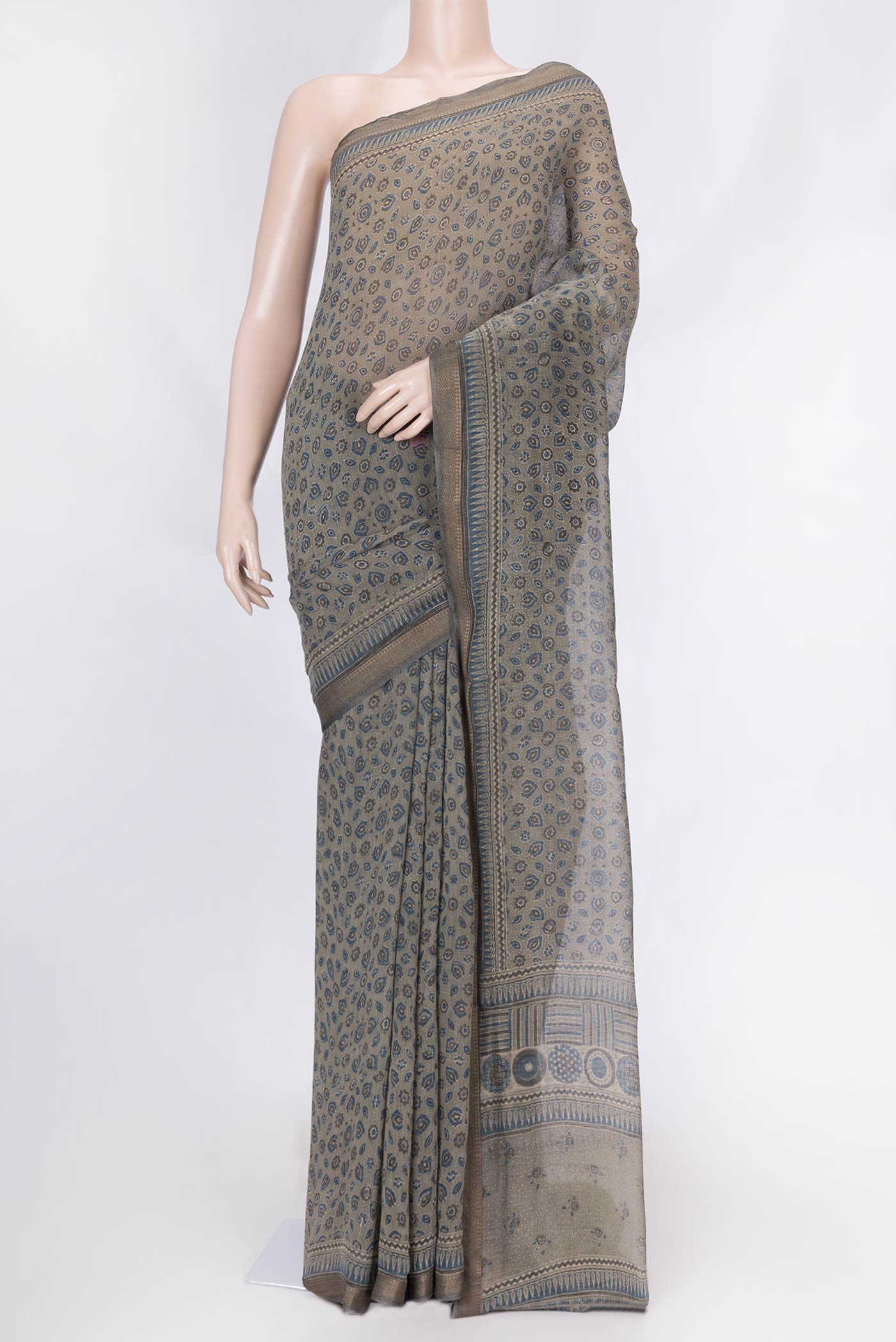 Grey Dual Tone Chanderi Silk Saree with Printed design on the body and Zari Border displayed on a mannequin