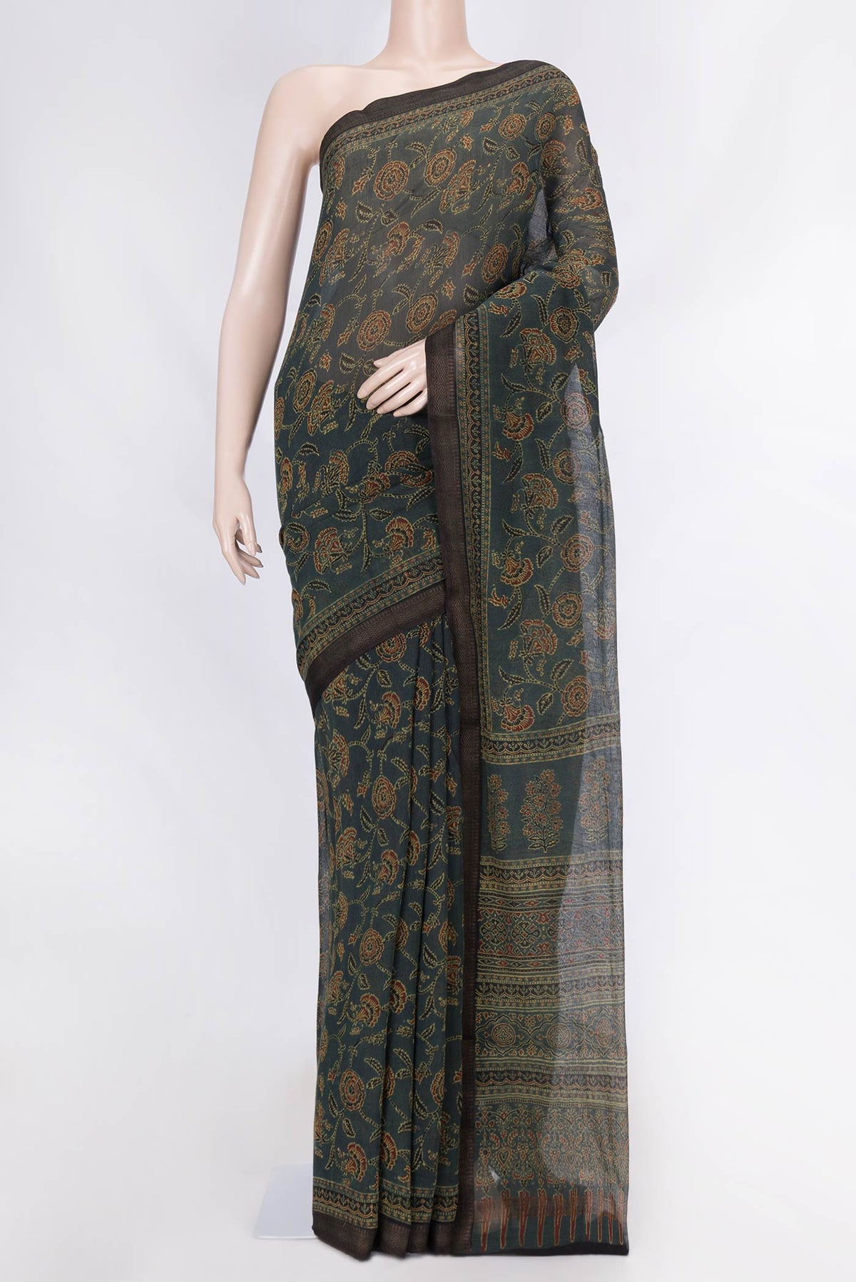 Green Dual Tone Chanderi Silk Saree with Printed design on the body and Zari Border displayed on a mannequin