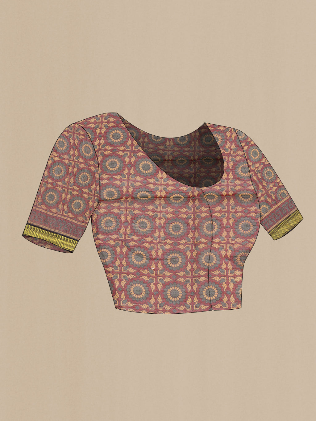 Close up image of the blouse of Maroon Chanderi Silk Cotton Saree with Ajrakh Print on the body and Zari Border. 
