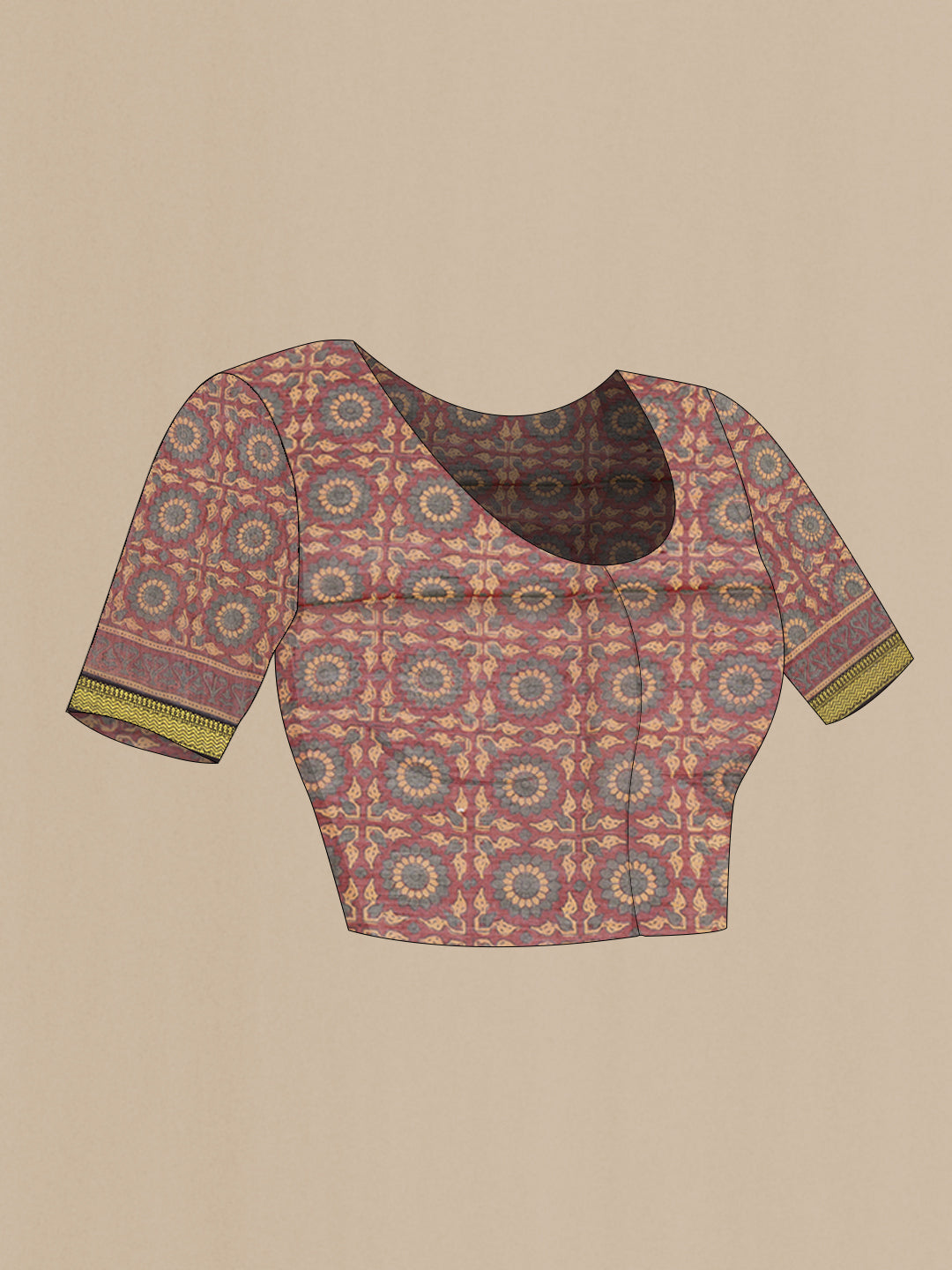 Close up image of the blouse of Maroon Chanderi Silk Cotton Saree with Ajrakh Print on the body and Zari Border. 