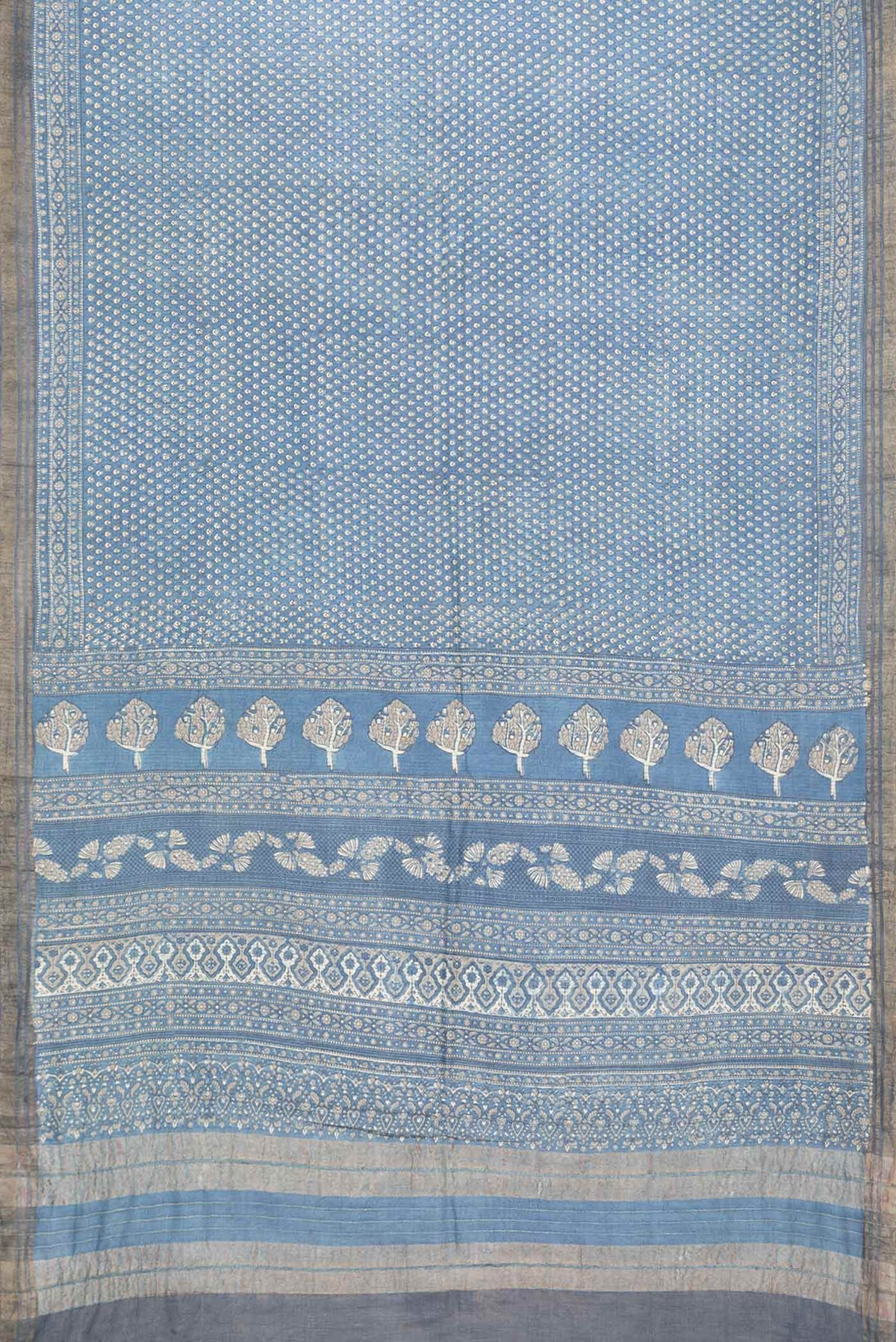 Flat view of Grey Dual Tone Tussar Silk Saree with Printed design on the body and Zari Border