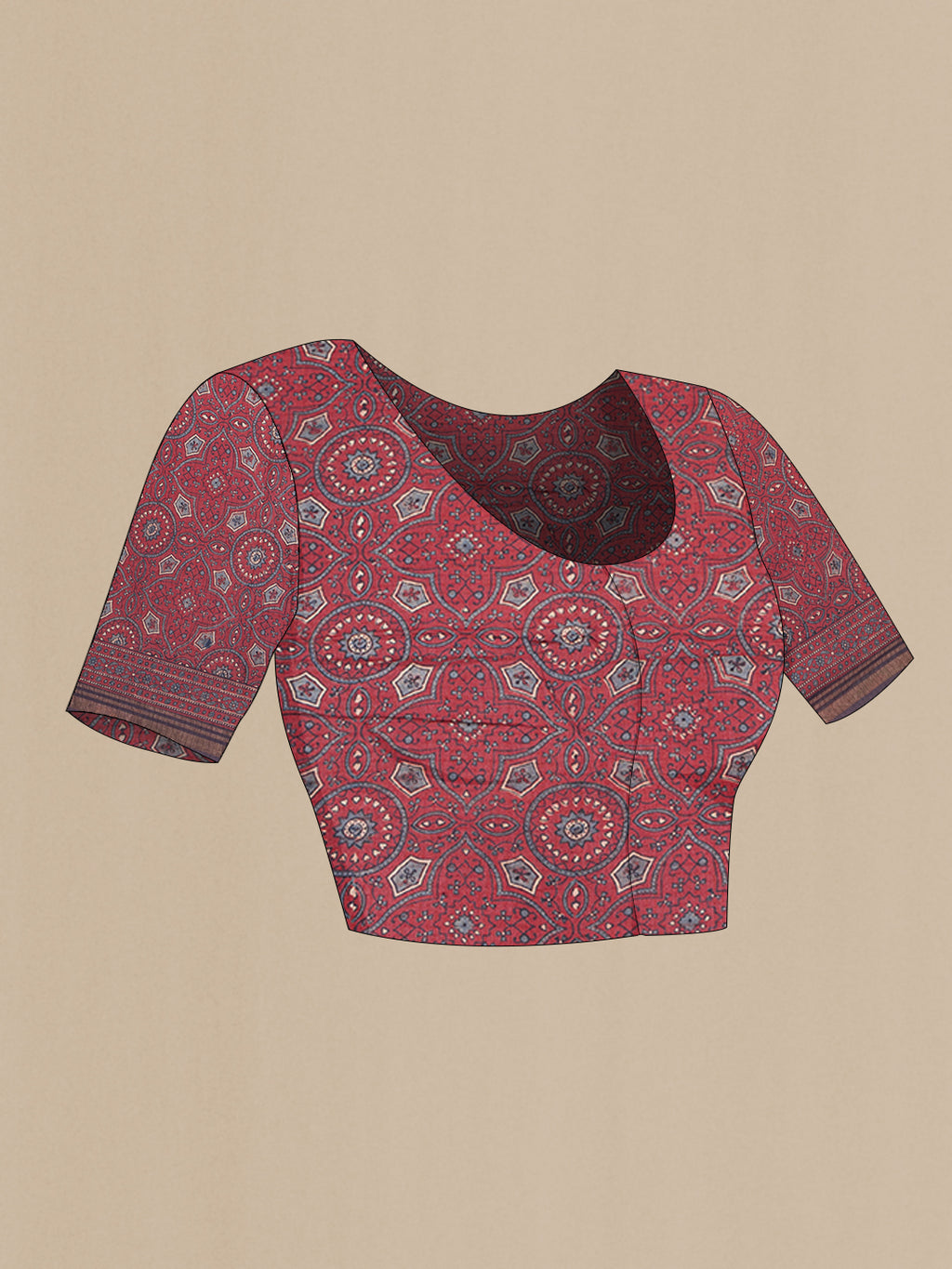 Close up image of the blouse of Maroon Jute Silk Saree with Ajrakh Print on the body and Zari Border. 