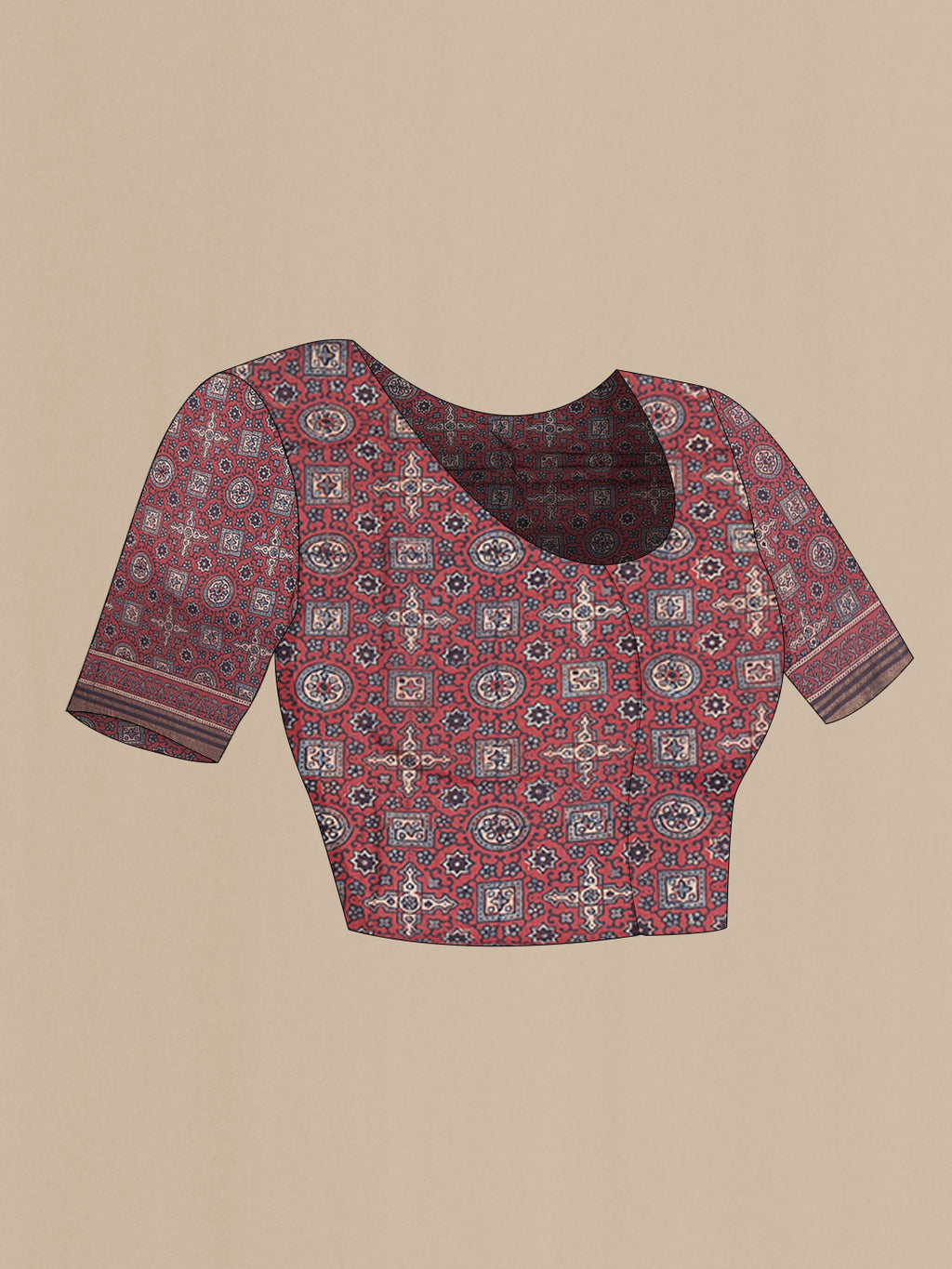 Close up image of the blouse of Maroon Dual Tone Tussar Silk Saree with Printed design on the body and Zari Border