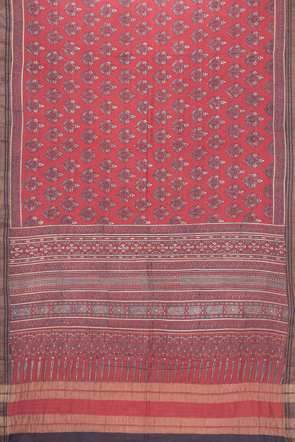 Flat view of Maroon Dual Tone Tussar Silk Saree with Printed design on the body and Zari Border