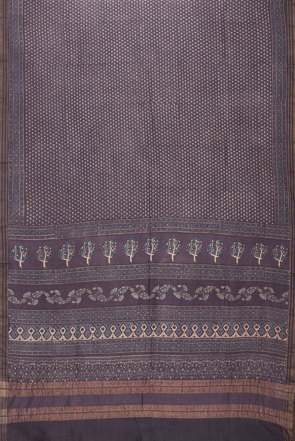 Flat view of Purple Dual Tone Linen Saree with Printed design on the body and Zari Border. 