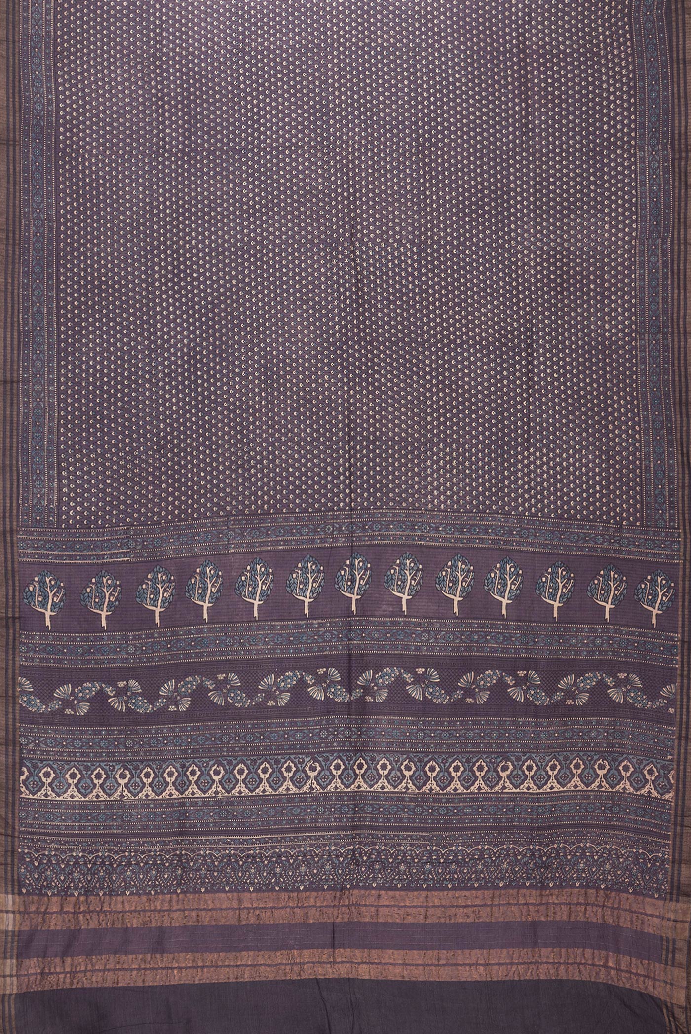 Flat view of Purple Dual Tone Linen Saree with Printed design on the body and Zari Border. 