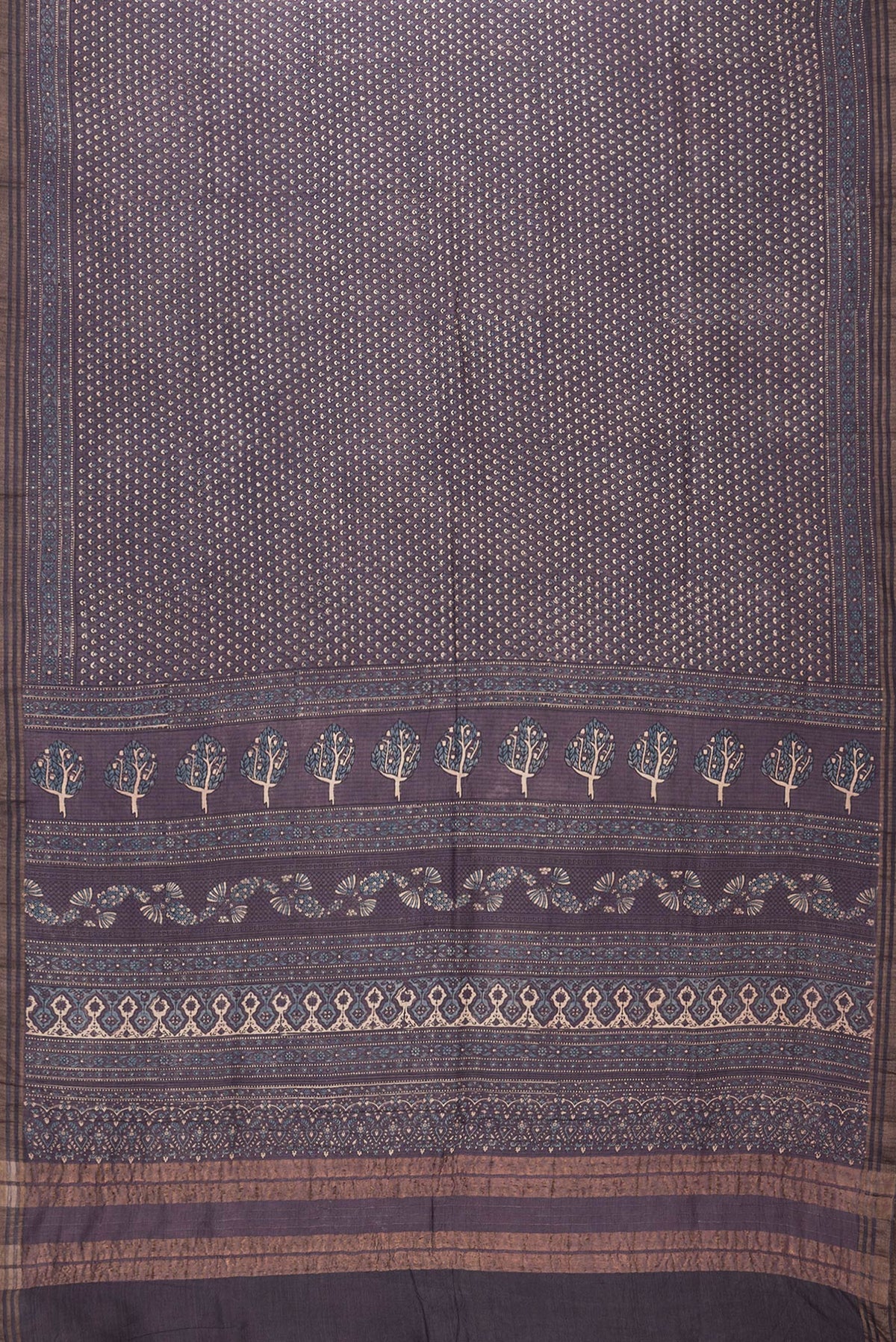 Flat view of Purple Dual Tone Linen Saree with Printed design on the body and Zari Border. 