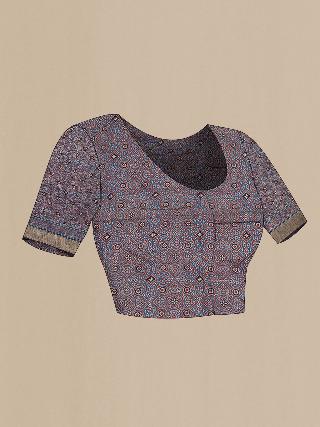 Close up image of the blouse of Indigo Linen Saree with Printed design on the body and Zari Border. 