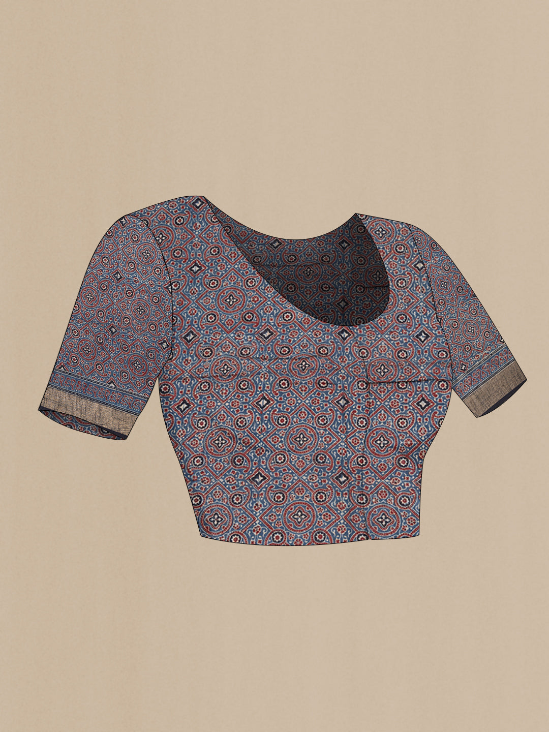 Close up image of the blouse of Indigo Linen Saree with Printed design on the body and Zari Border. 