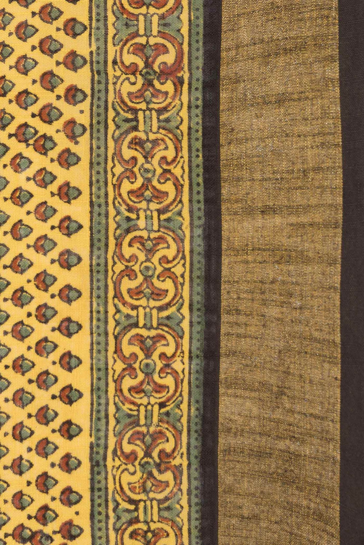 Border image of Yellow Dual Tone Linen Cotton Saree with Printed design on the body and Zari Border