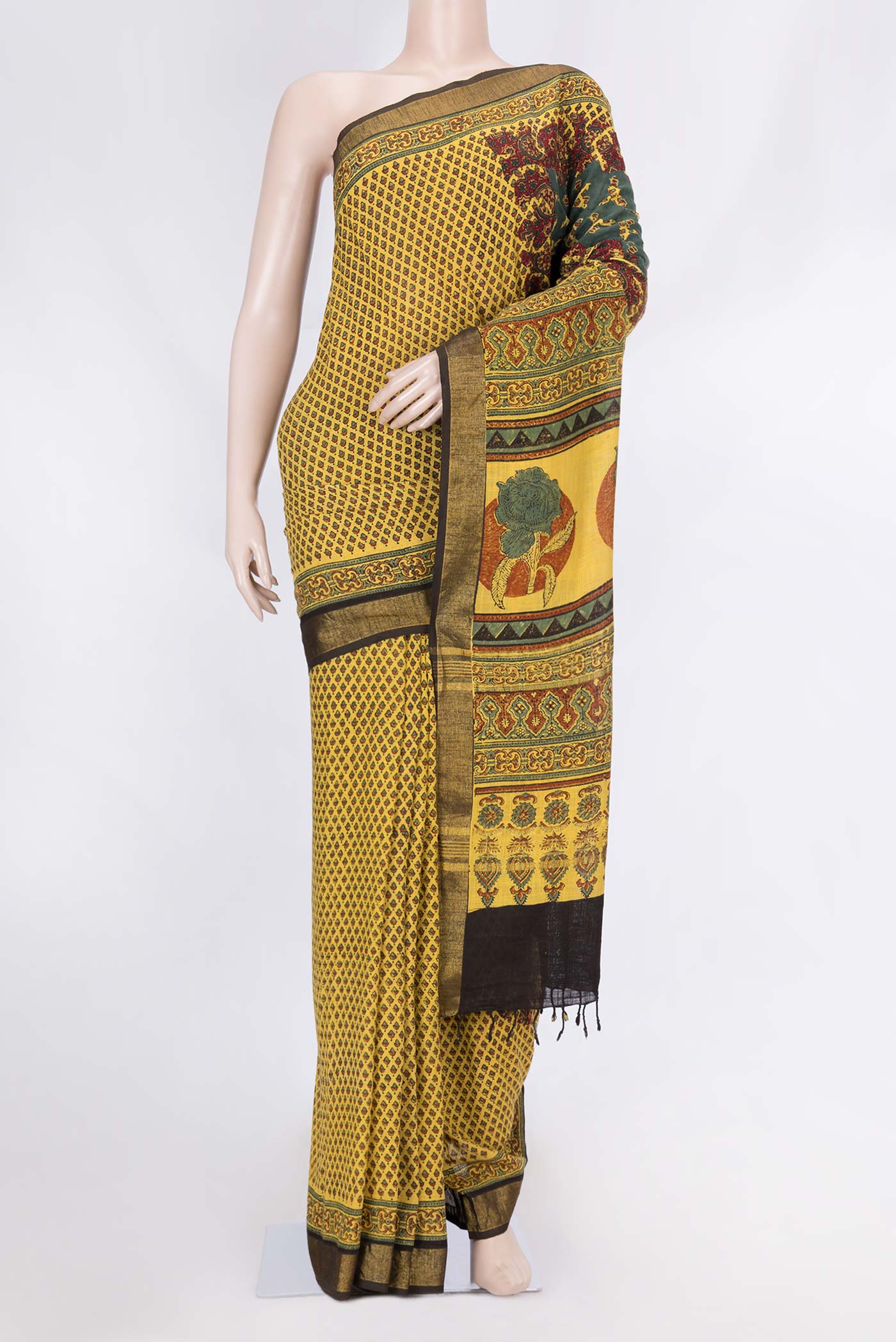 Yellow Dual Tone Linen Cotton Saree with Printed design on the body and Zari Border displayed on a mannequin